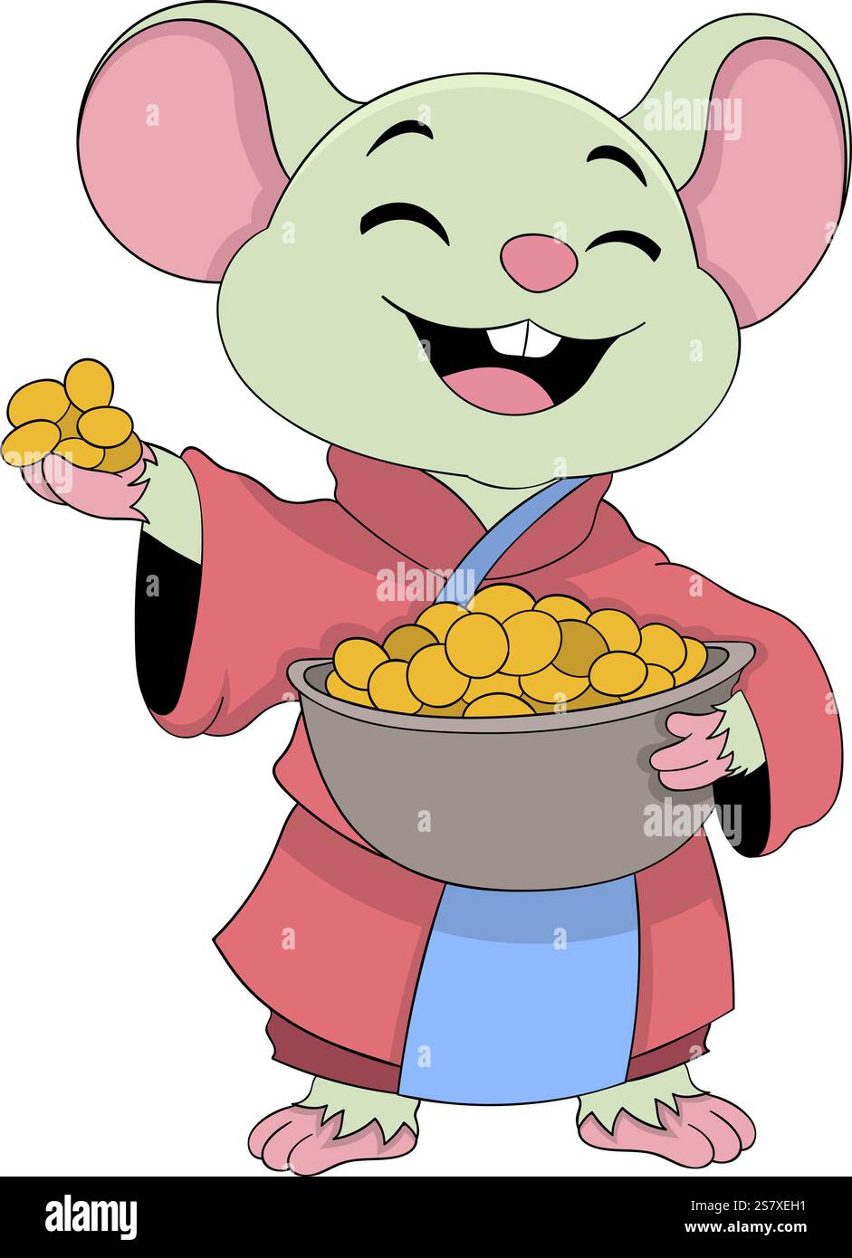 Un felice topo cartoni animati vestito con abiti tradizionali, con gioia in mano una grande ciotola traboccante di monete d'oro, che simboleggia ricchezza e generosità Illustrazione Vettoriale