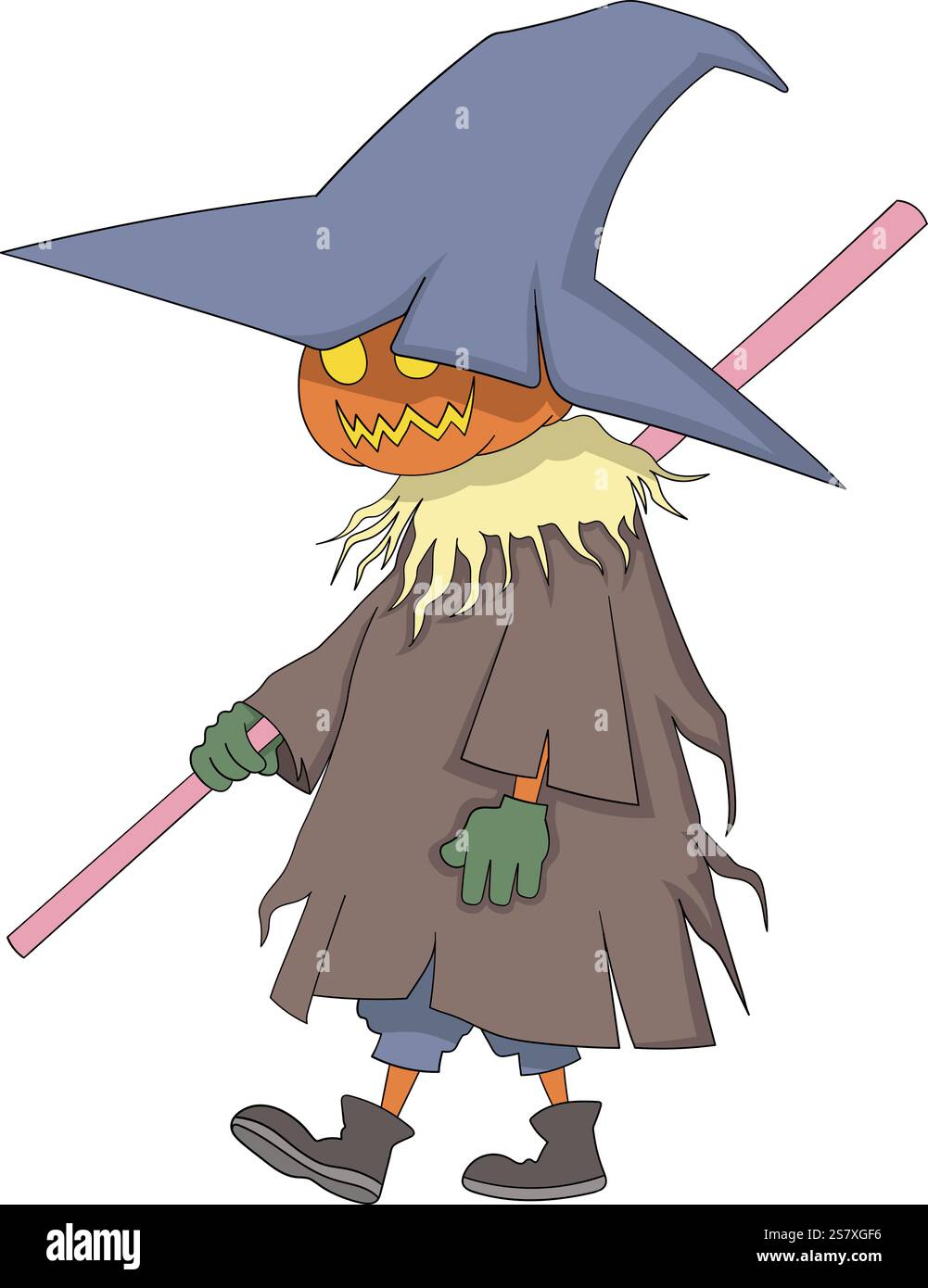 Questa illustrazione vettoriale presenta un personaggio spaventapasseri a tema Halloween con una testa di zucca, che indossa un mantello marrone a strati e una grande strega blu Illustrazione Vettoriale
