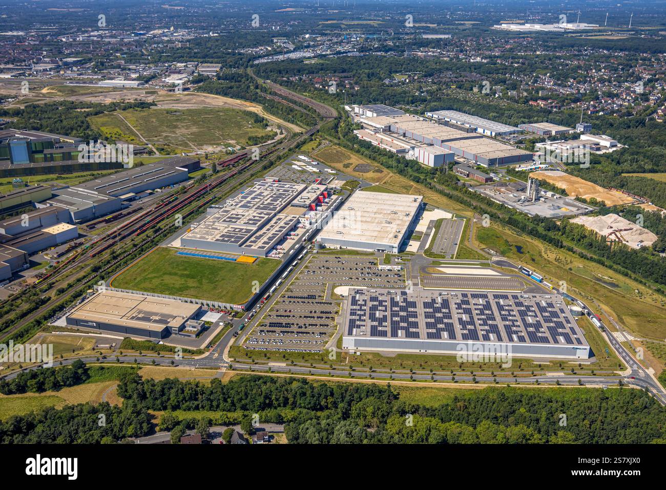 Vista aerea, Westfalenhütte Industrial estate, Hoesch Areal, centro logistico, Borsigplatz, Dortmund, regione della Ruhr, Renania settentrionale-Vestfalia, Germania Foto Stock