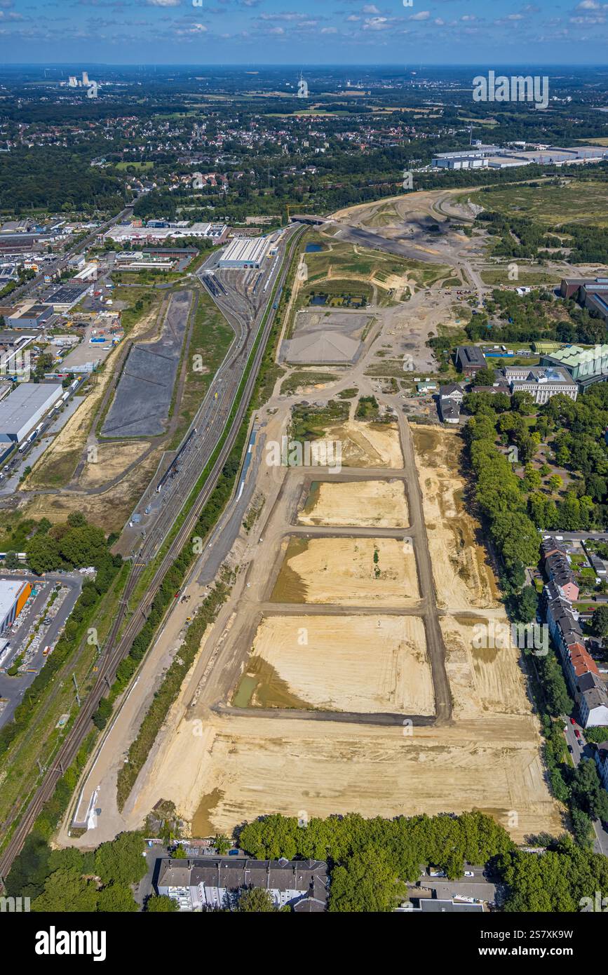 Vista aerea, zona industriale di Westfalenhütte, Hoesch Areal, dietro il museo Hoesch, Borsigplatz, Dortmund, zona della Ruhr, Renania settentrionale-Vestfalia, Germa Foto Stock