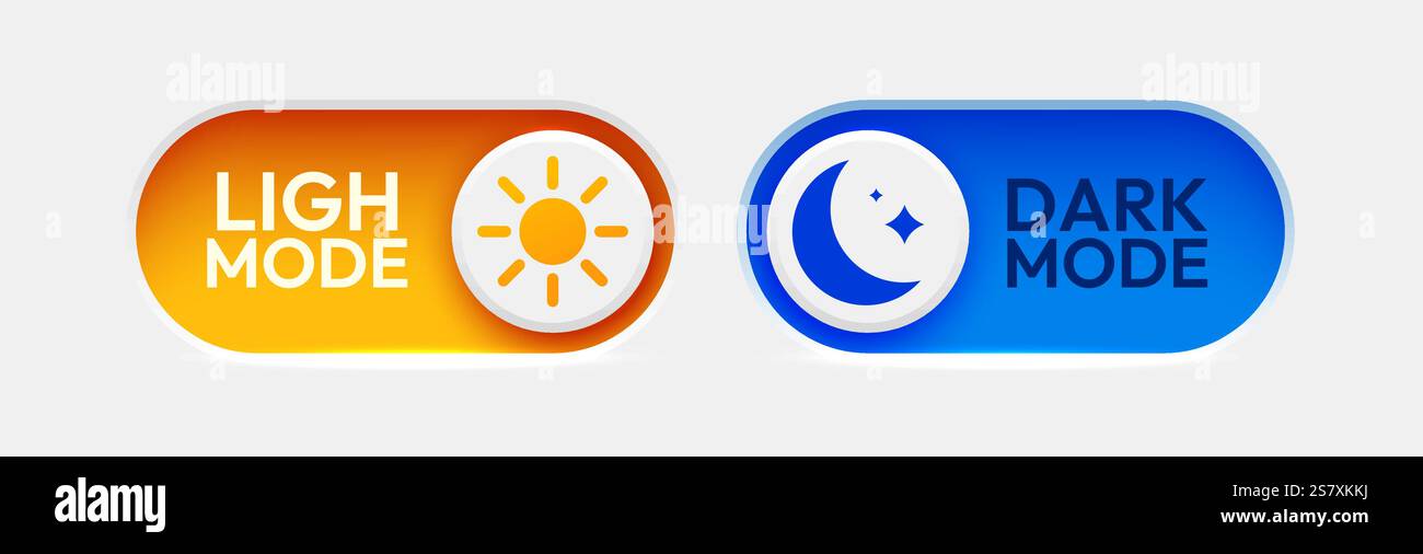 Pulsanti di accensione e spegnimento. Modalità buio e modalità luce. Set di interruttori per design materiale. Pulsante di commutazione della modalità giorno e notte. Illustrazione vettoriale. Illustrazione Vettoriale