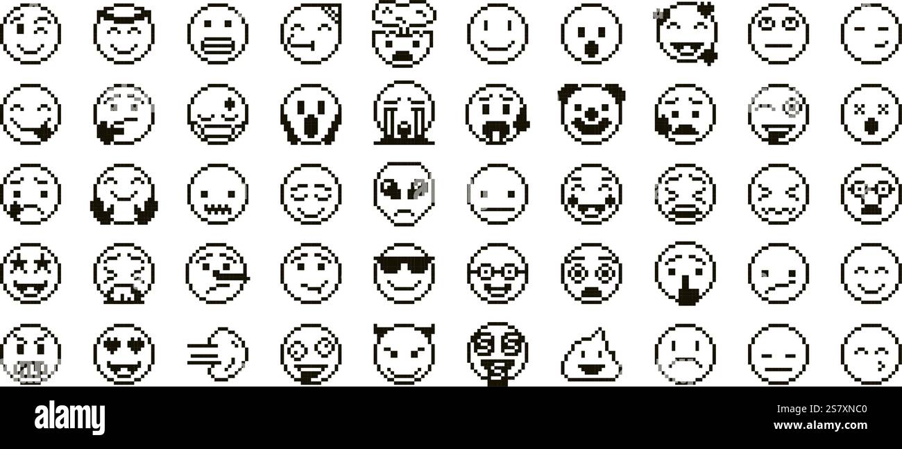 Volti emoji pixel art. Icone emoticon pixelate con diverse espressioni facciali, giochi arcade retrò a 8 bit con emozioni felici e tristi. Stencil monocromatico Illustrazione Vettoriale