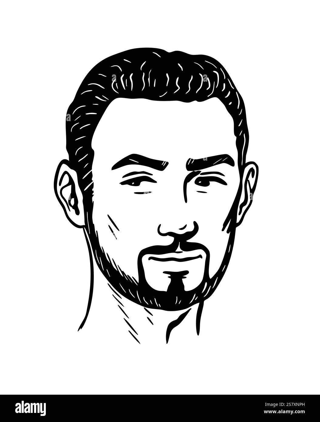 Disegnare il ritratto di un giovane uomo. Il volto di una bruna con la barba. Illustrazione grafica vettoriale. Schizzo in bianco e nero disegnato a mano Illustrazione Vettoriale