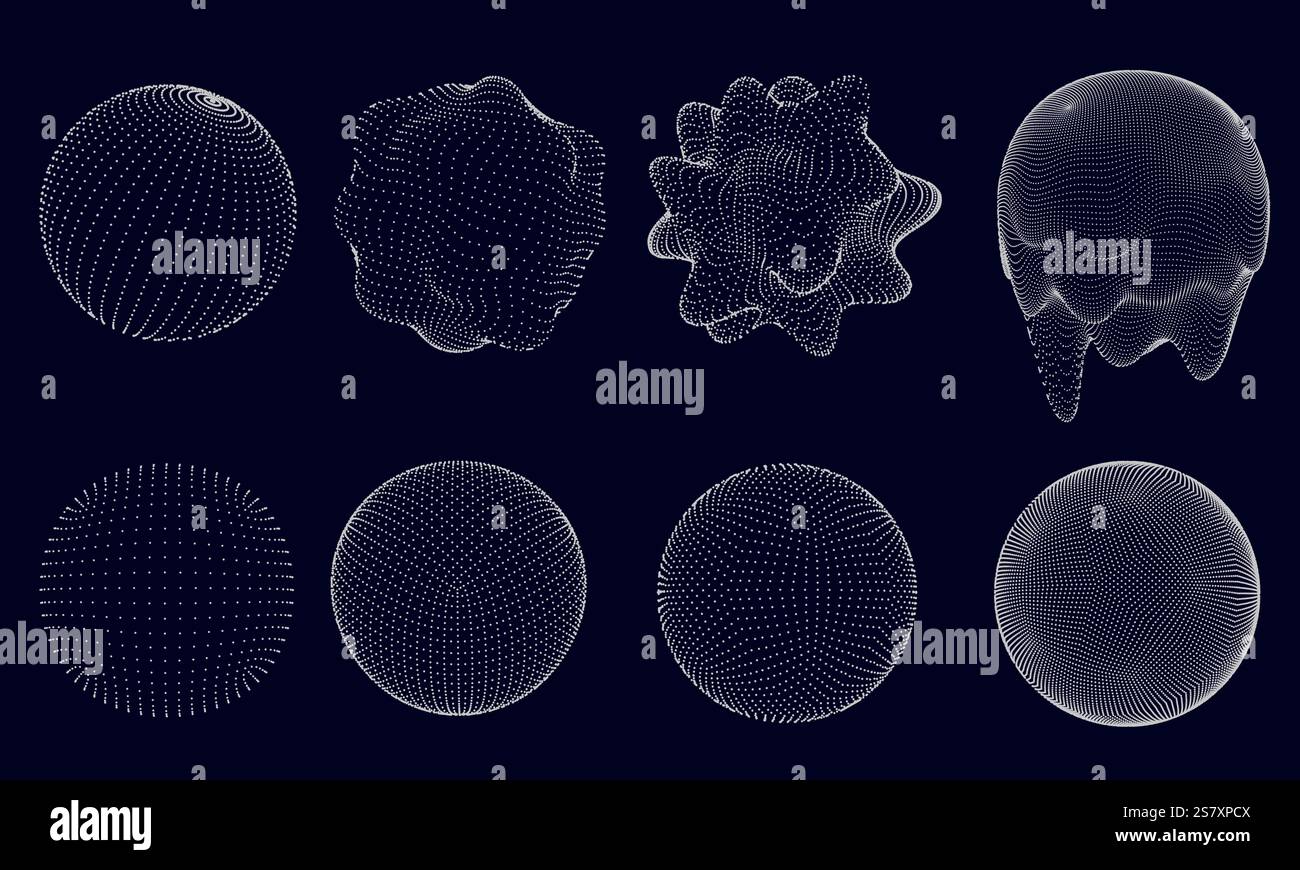 Sfera 3d tratteggiata. Forme sferiche, sfere distorte e fuse con pattern a punti. Forme volumetriche astratte con punti geometrici a reticolo isolati V Illustrazione Vettoriale
