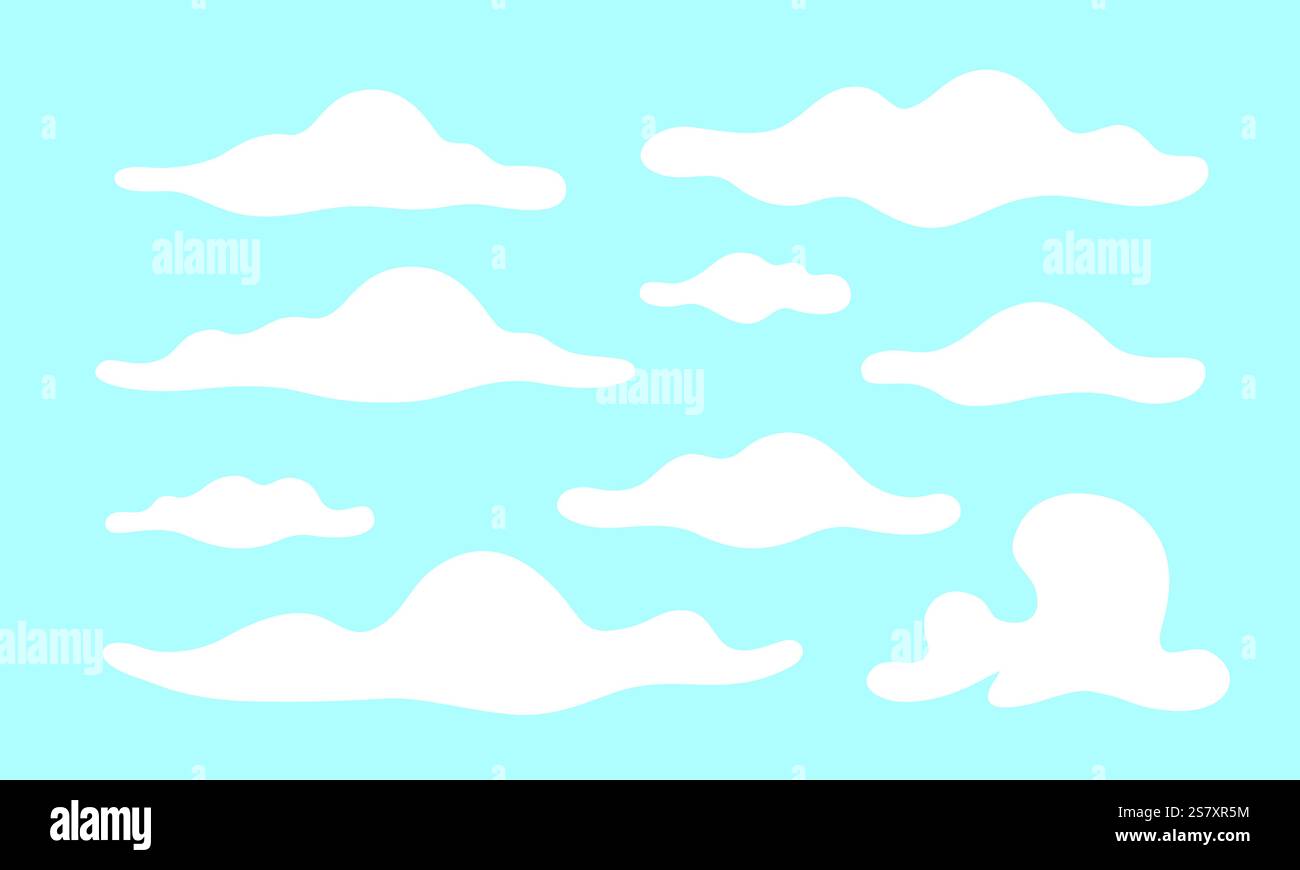 Nuvole bianche su sfondo blu. Set di nuvole. Nuvole su sfondo azzurro. Illustrazione Vettoriale