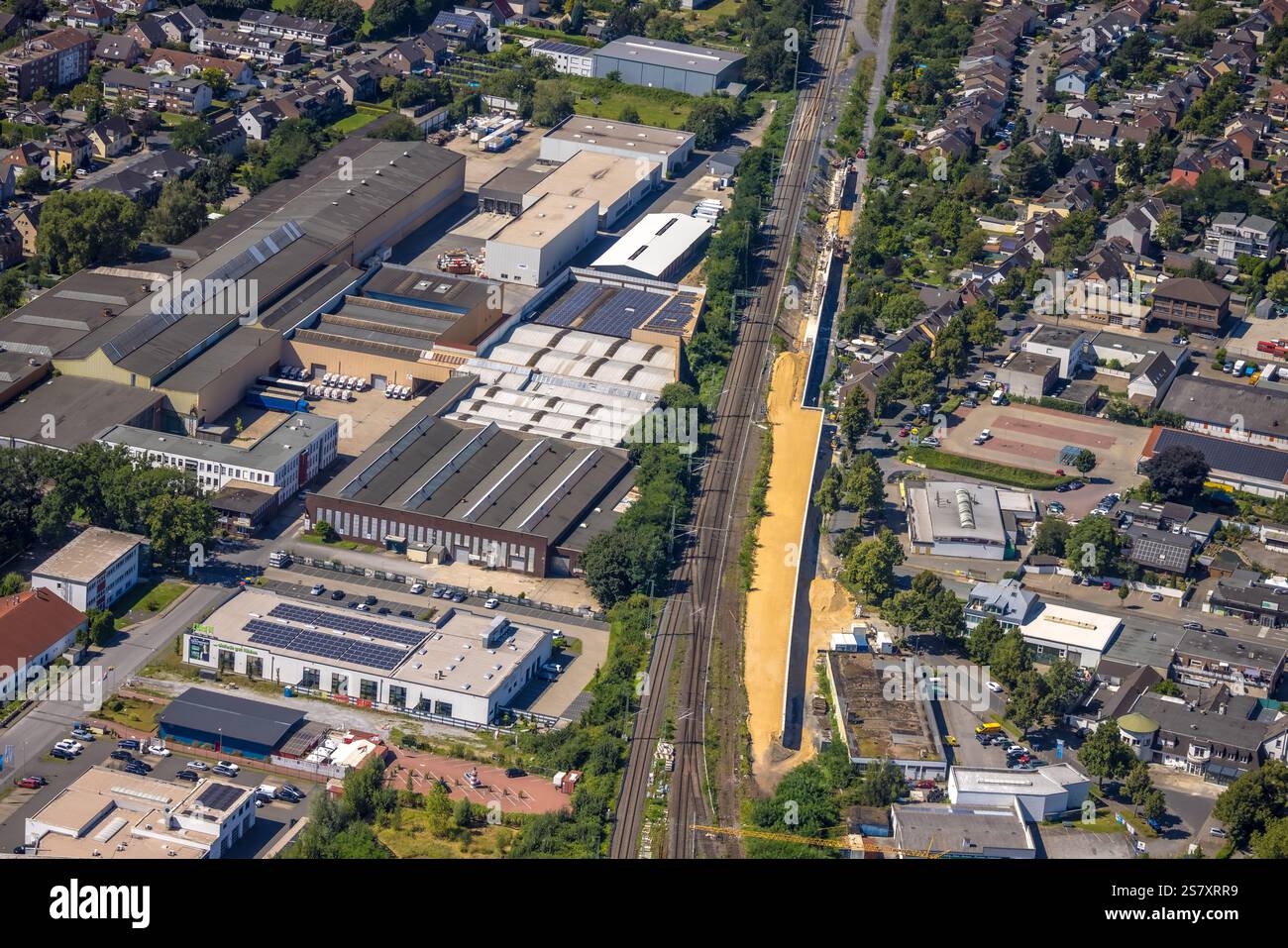 Vista aerea, zona industriale presso la vecchia fabbrica di fili, cantiere e ampliamento della linea ferroviaria Betuweroute e Betuwe Line, Hagenviertel, Foto Stock