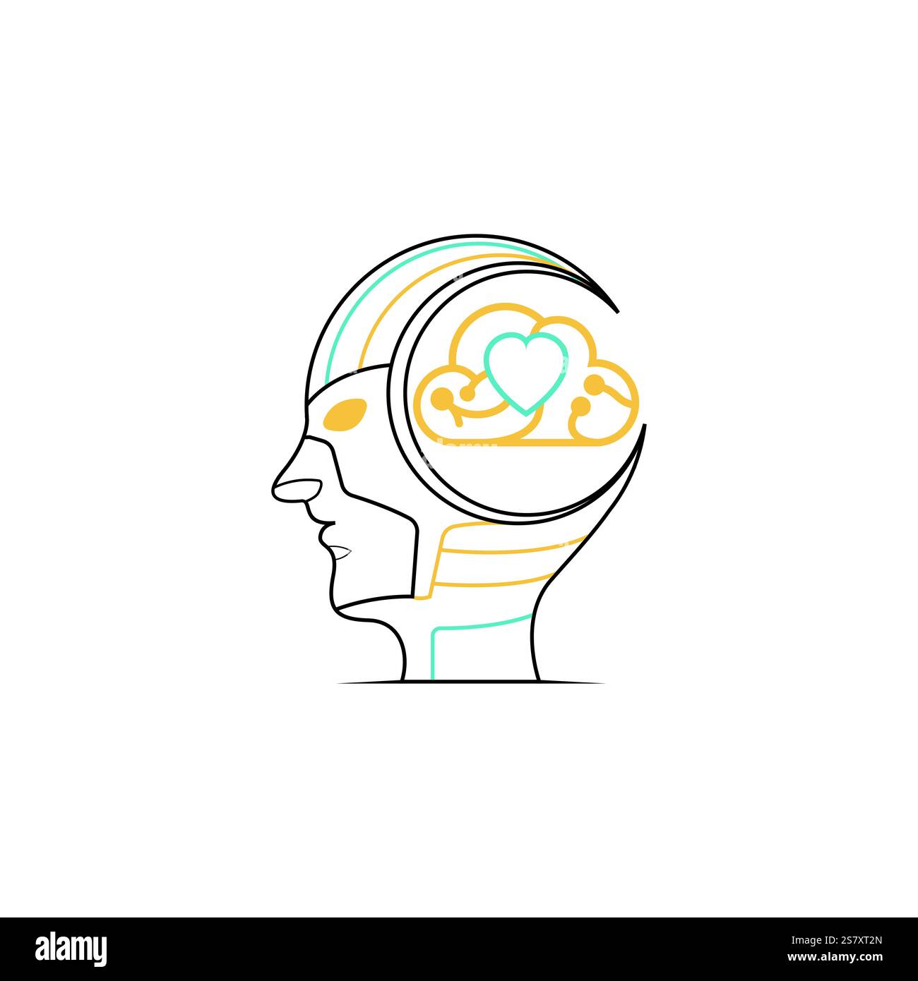 Line art con un profilo umano semplificato che enfatizza il cervello e il cuore con disegni astratti. Illustrazione Vettoriale