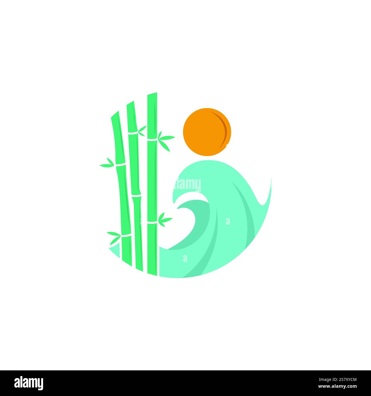 Logo artistico composto da bambù verde, un'onda blu fluente e un sole arancione. Trasmette un legame con la natura, la tranquillità e l'armonia Illustrazione Vettoriale