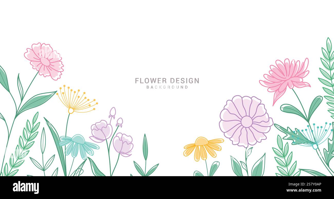 Fiori primaverili colorato disegno dello sfondo della clipart. Disegno floreale, schizzo e acquerello per sfondo, clip art di invito e biglietti d'auguri Illustrazione Vettoriale