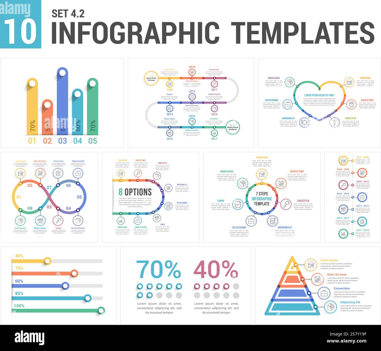 9 modelli infografici, set 4, colori 2 - tempistiche, istogrammi, piramide, percentuali, passi/opzioni, diagramma circolare, illustrazione vettoriale eps10 Illustrazione Vettoriale