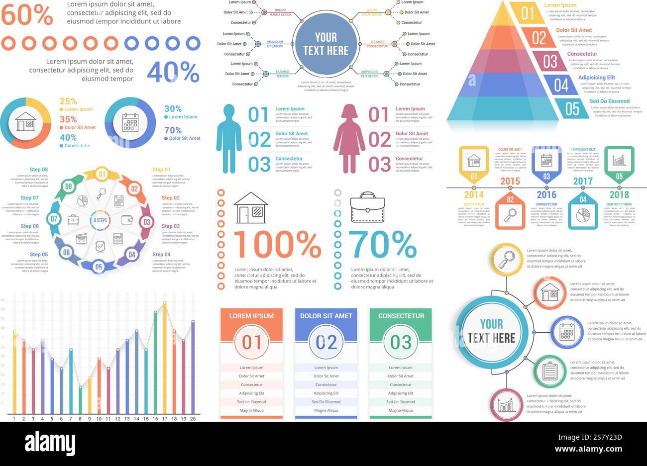 Elementi infografici: Percentuali, grafici a torta, diagramma circolare, grafico a barre, mappa mentale, infografiche persone, piramide, timeline, passaggi/opzioni, eps10 vettoriali Illustrazione Vettoriale