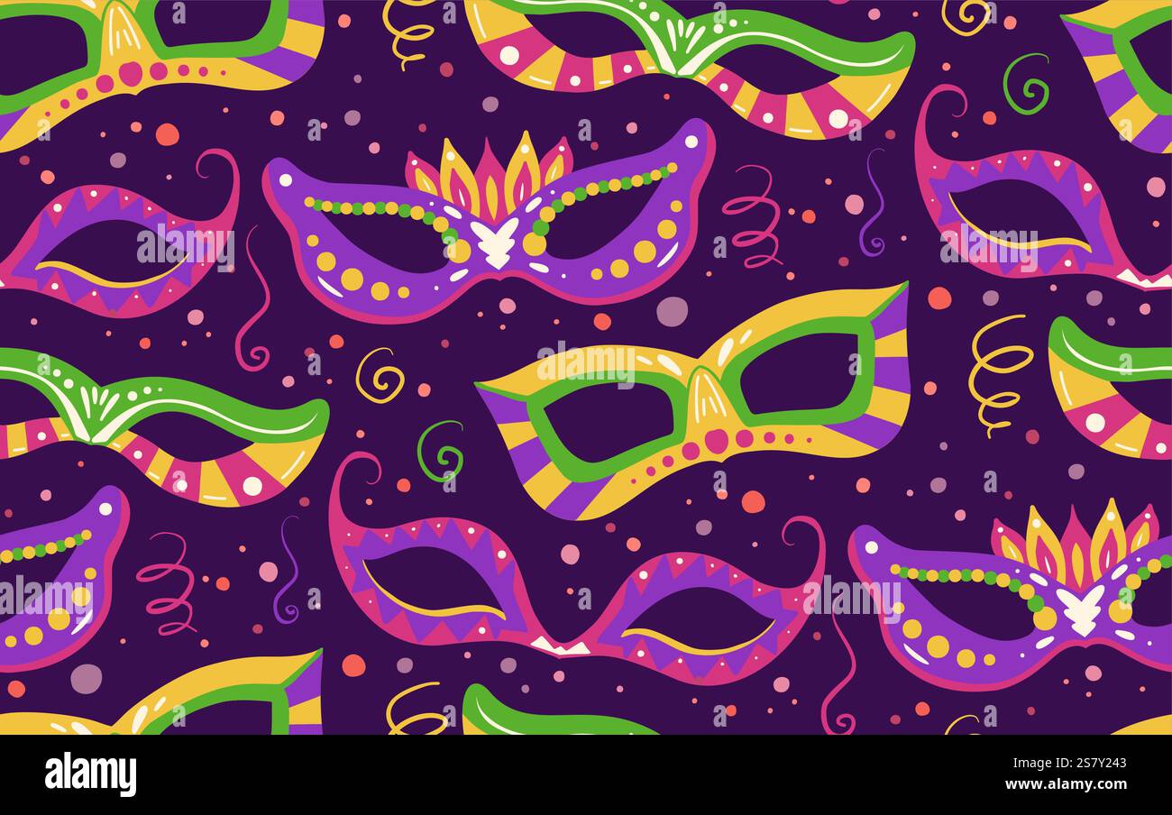 Motivo natalizio Vector senza cuciture con maschere, coriandoli, nastro su sfondo viola. Texture per le vacanze del Mardi Gras. Wallpape piatta disegnata a mano per le vacanze Illustrazione Vettoriale