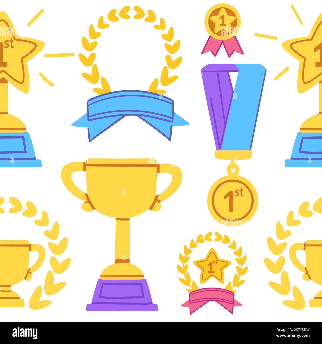 Trofei d'oro, medaglie e allori in un layout decorativo luminoso. Ideale per premi, concorsi o grafica celebrativa. Illustrazione vettoriale. Illustrazione Vettoriale