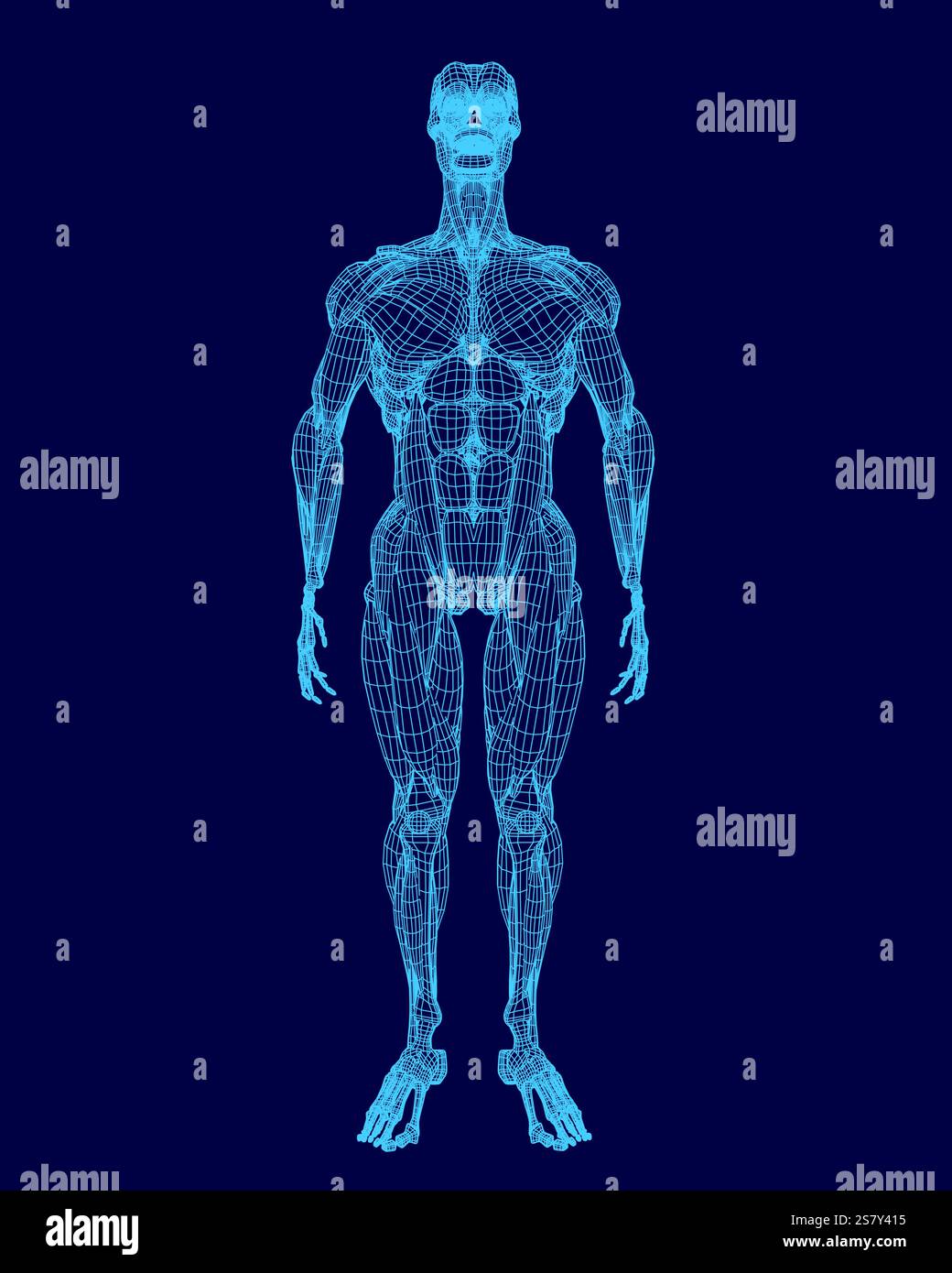 Immagine blu di un corpo umano con uno scheletro sul lato. Il corpo è in forma 3D ed è un'immagine generata al computer. La scena e' futuristica e qualcosa del genere Illustrazione Vettoriale