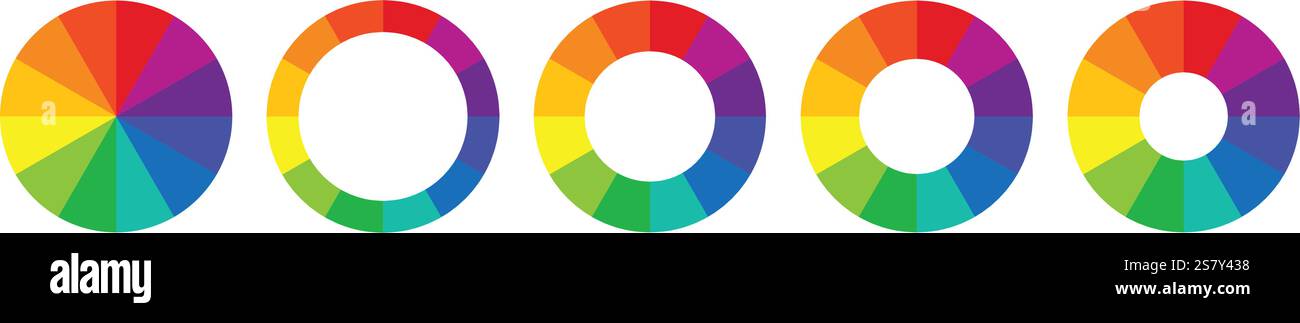 Set di vettori della ruota dei colori. Tabella delle guide delle ruote a colori. Grafico infografico colori RGB e CMYK. set di diagrammi a torta con diagramma a ciclo a 12 colori. Infografica arcobaleno Illustrazione Vettoriale