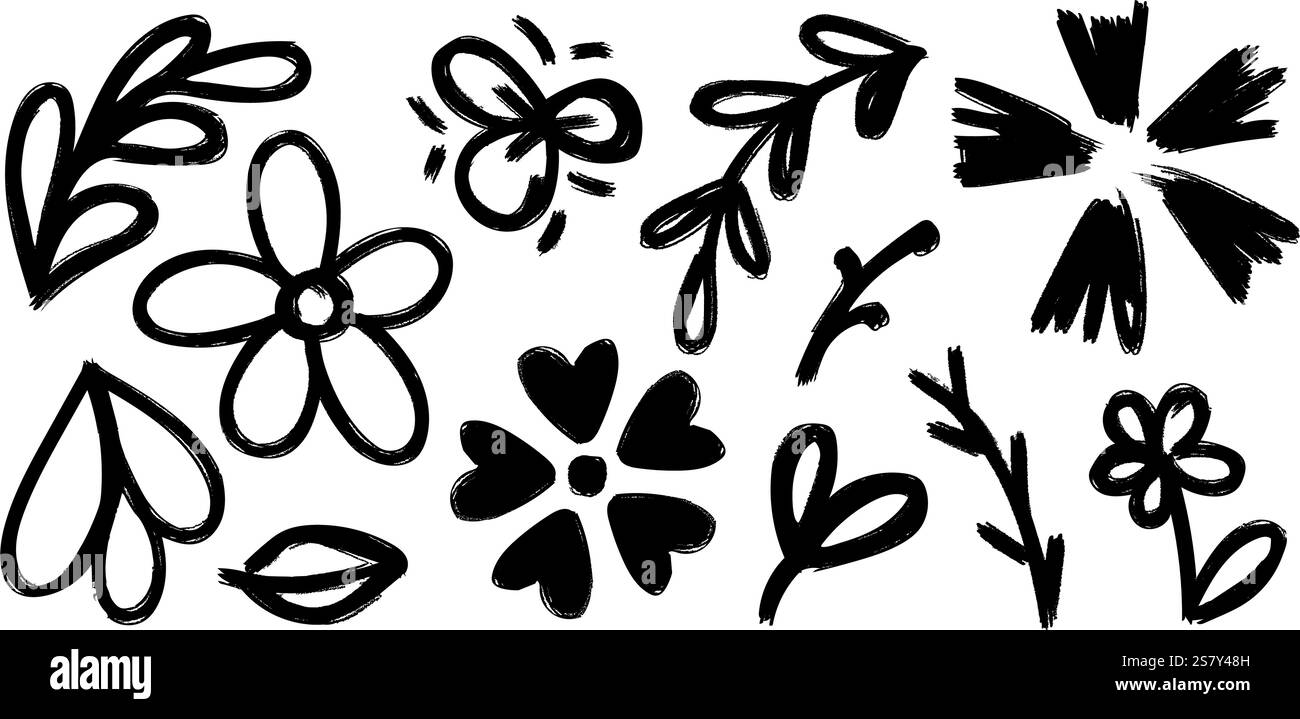 Set grunge monocromatico di elementi botanici. Spazzola a inchiostro per fiori, petali, ramoscelli, erbe. Silhouette nera astratta di piante, grafica vettoriale Illustrazione Vettoriale