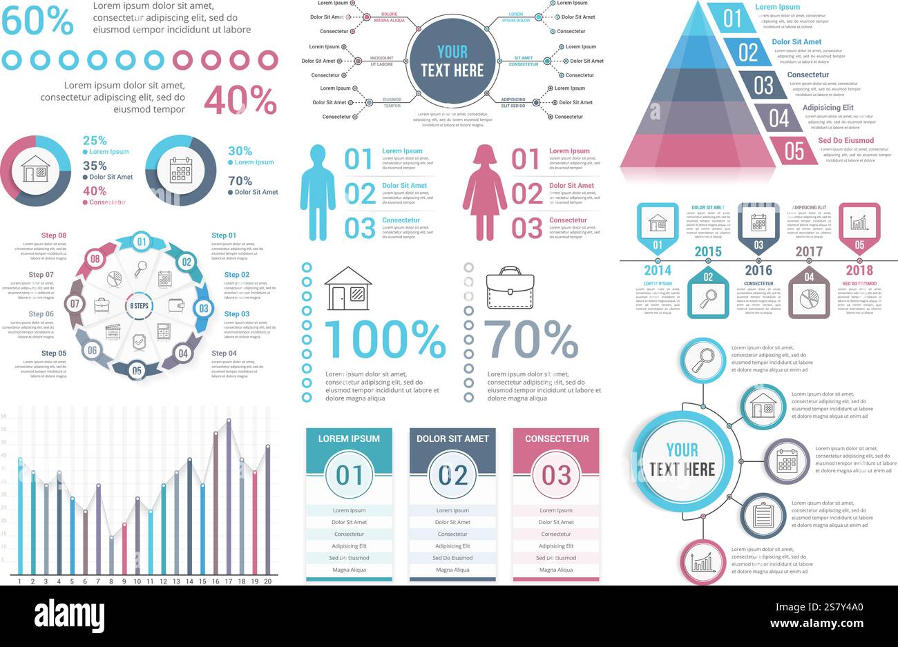Elementi infografici: Percentuali, grafici a torta, diagramma circolare, grafico a barre, mappa mentale, infografiche persone, piramide, timeline, passaggi/opzioni, eps10 vettoriali Illustrazione Vettoriale