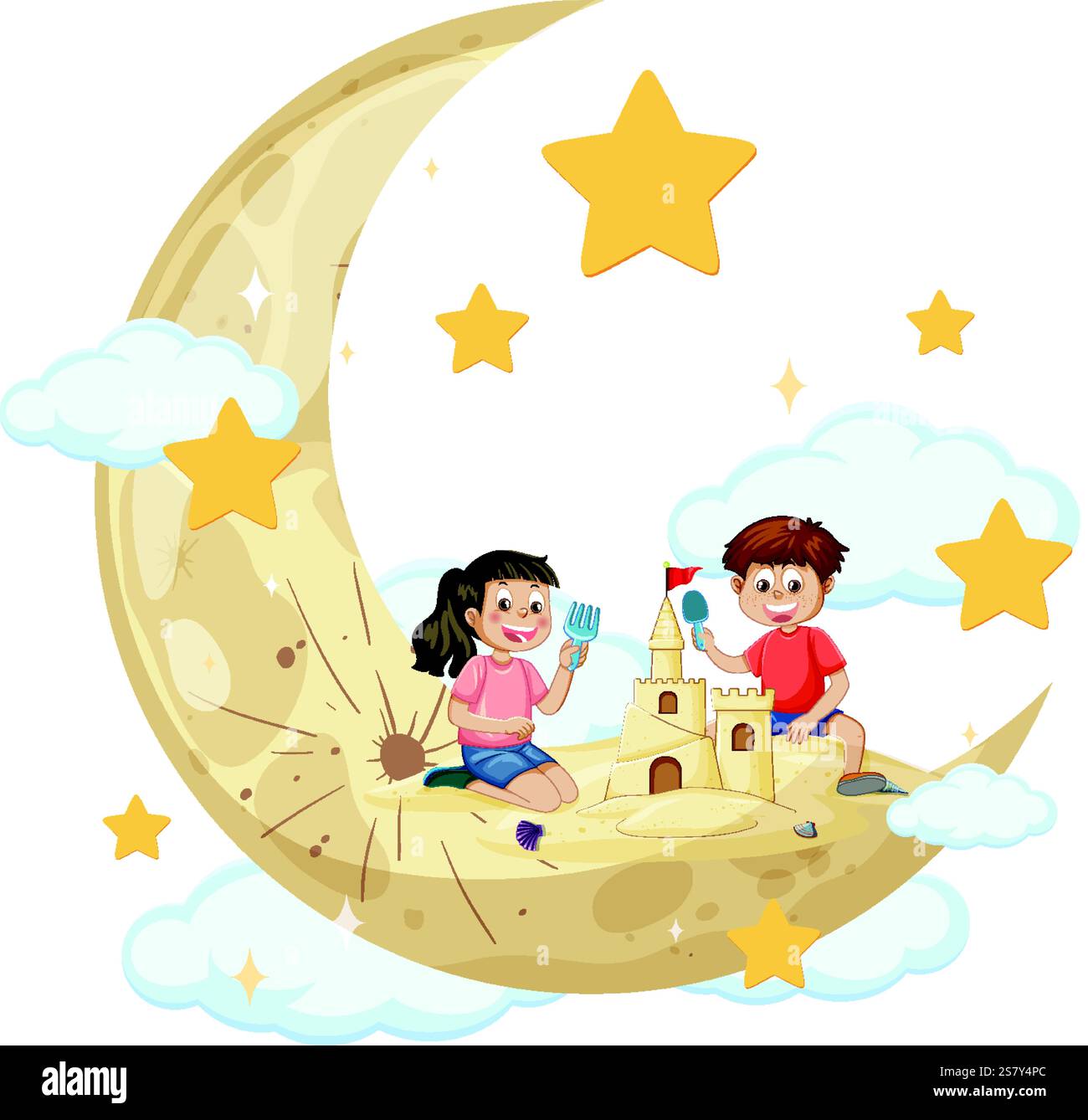 Bambini che giocano su una luna crescente con le stelle Illustrazione Vettoriale