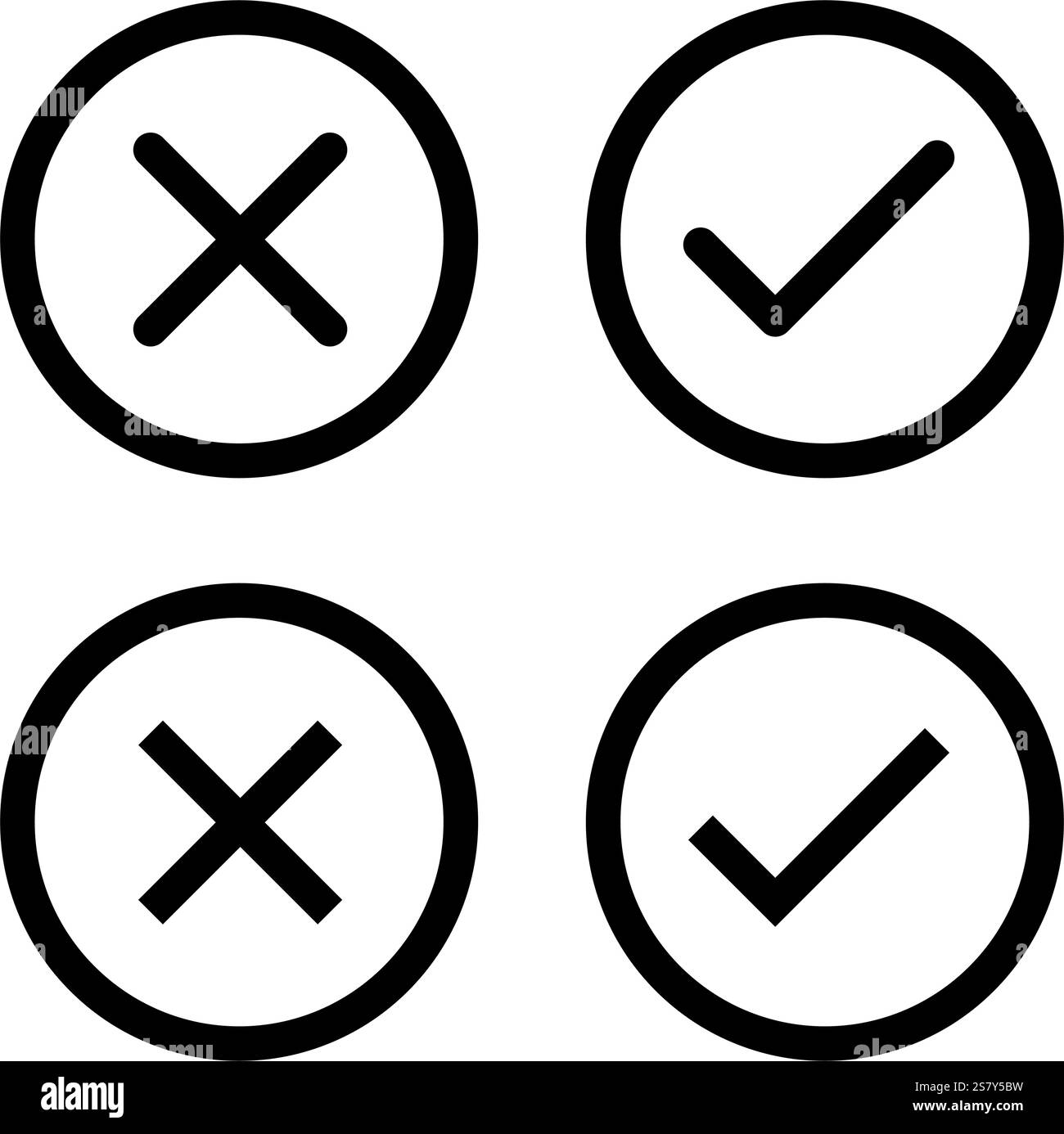 Icona vettoriale destra e errata Imposta contorno nero, segno di spunta arrotondato piatto, croce o segno x, simbolo di tacca sottile a forma di cerchio. Illustrazione Vettoriale