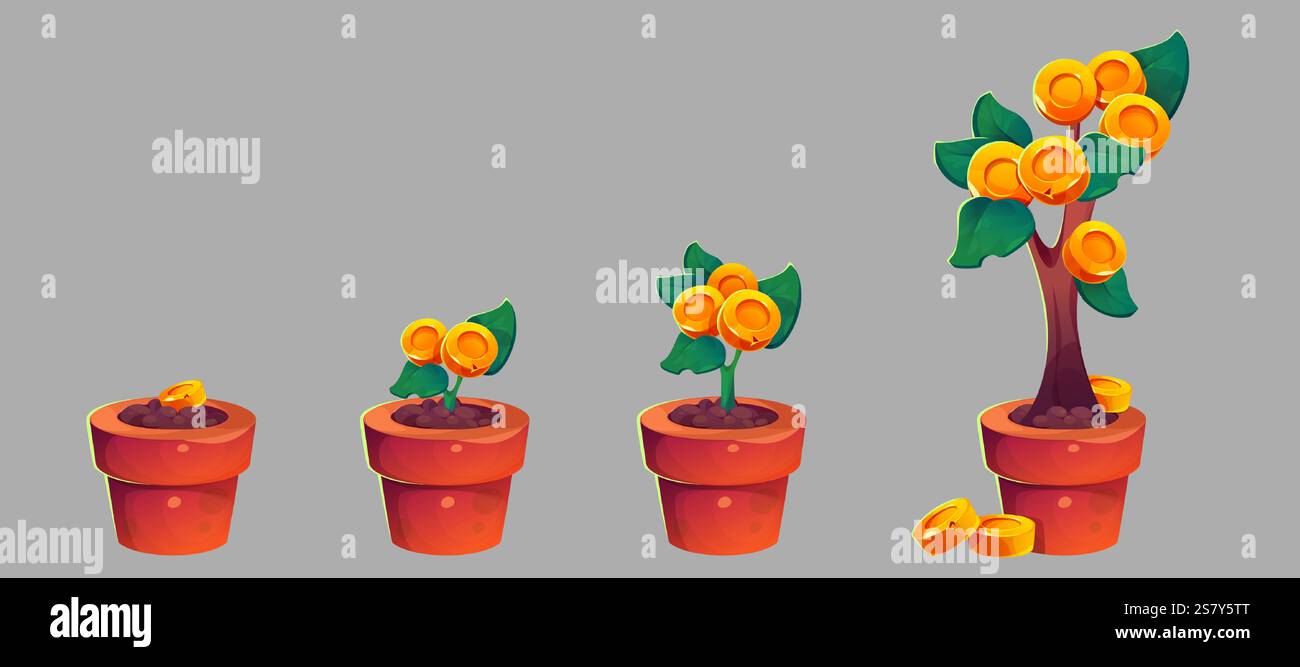 La crescita dell'albero del denaro è isolata sullo sfondo. Illustrazione vettoriale di vasi di fiori con monete d'oro e germogli che crescono per piantare, investimenti di successo, gestione finanziaria, sviluppo aziendale Illustrazione Vettoriale