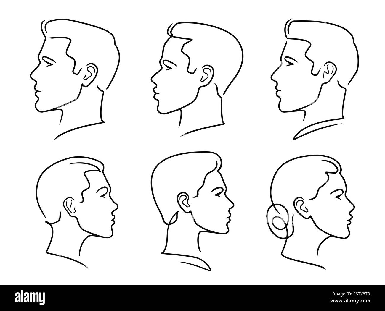 Ritratto di donna e uomo di profilo. Testa maschio e femmina, set di simboli stile linea Illustrazione Vettoriale