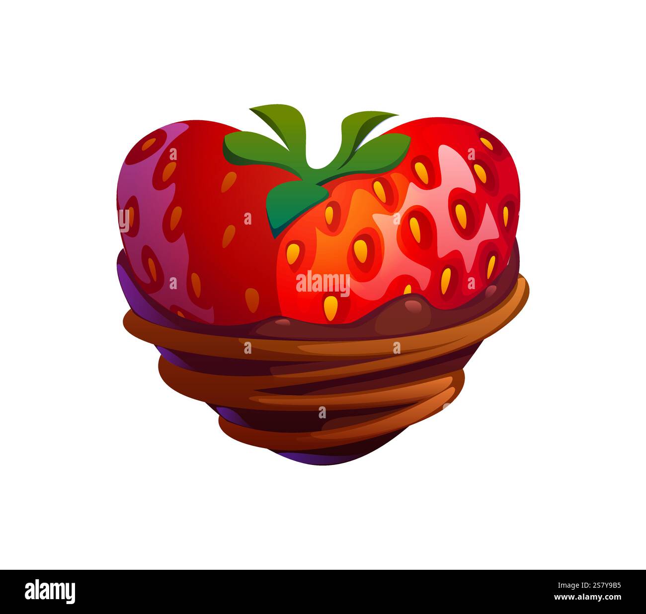 Fragola rossa cartoni animati immersa nel cioccolato che unisce dolcezza e piacere. Bacca di cuore vettoriale isolata, simbolo di amore, romanticismo e San Valentino. Illustrazione Vettoriale