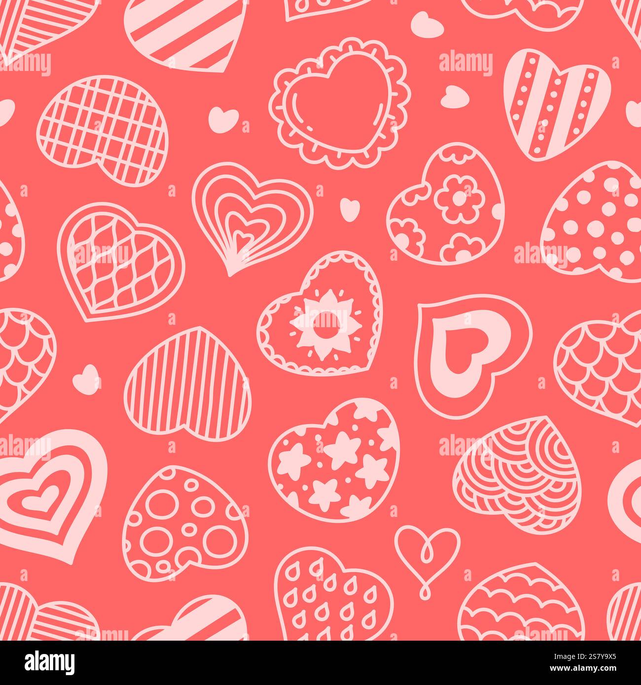 Cuori senza cuciture. Simboli d'amore ripetuti, segni romantici, elementi da giorno valenziani, forme e disegni diversi. Decorazioni in tessuto, rivestimento Illustrazione Vettoriale
