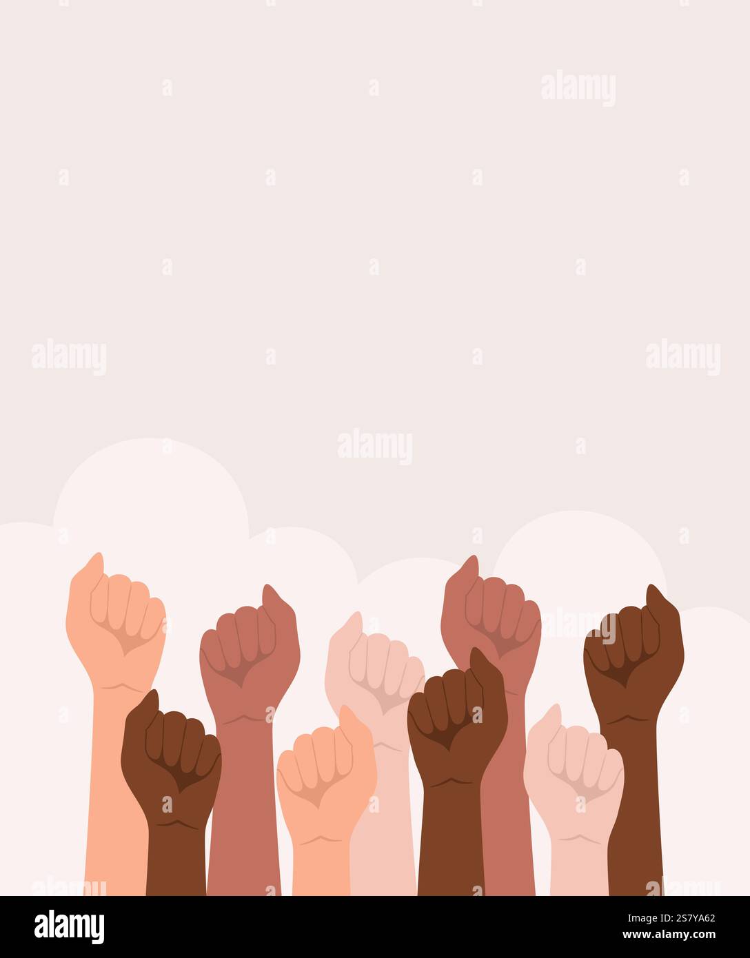 Mani di persone di diverse nazionalità e tonalità della pelle sollevate e fissate a pugni su sfondo beige con spazio di copia, illus vettoriale piatto Illustrazione Vettoriale Mani di persone di diverse nazionalità e tonalità della pelle sollevate e fissate a pugni su sfondo beige con spazio di copia, illus vettoriale piatto Illustrazione Vettoriale