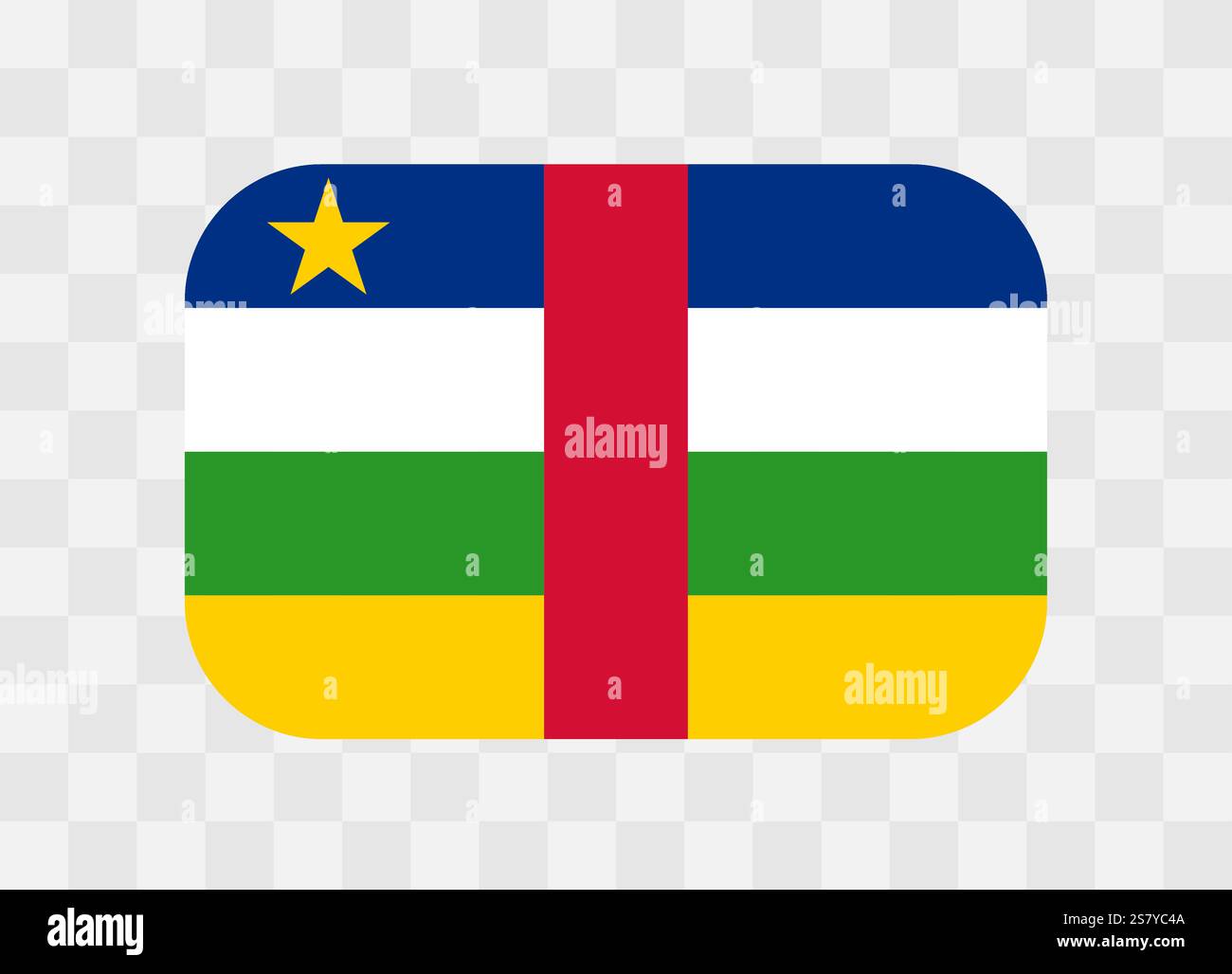 Bandiera della Repubblica Centrafricana - bandiera colorata rettangolare arrotondata che rappresenta un'identità e un patrimonio culturale del paese. L'essenza dell'orgoglio nazionale e dell'unità. Indicatore vettoriale su sfondo trasparente. Illustrazione Vettoriale