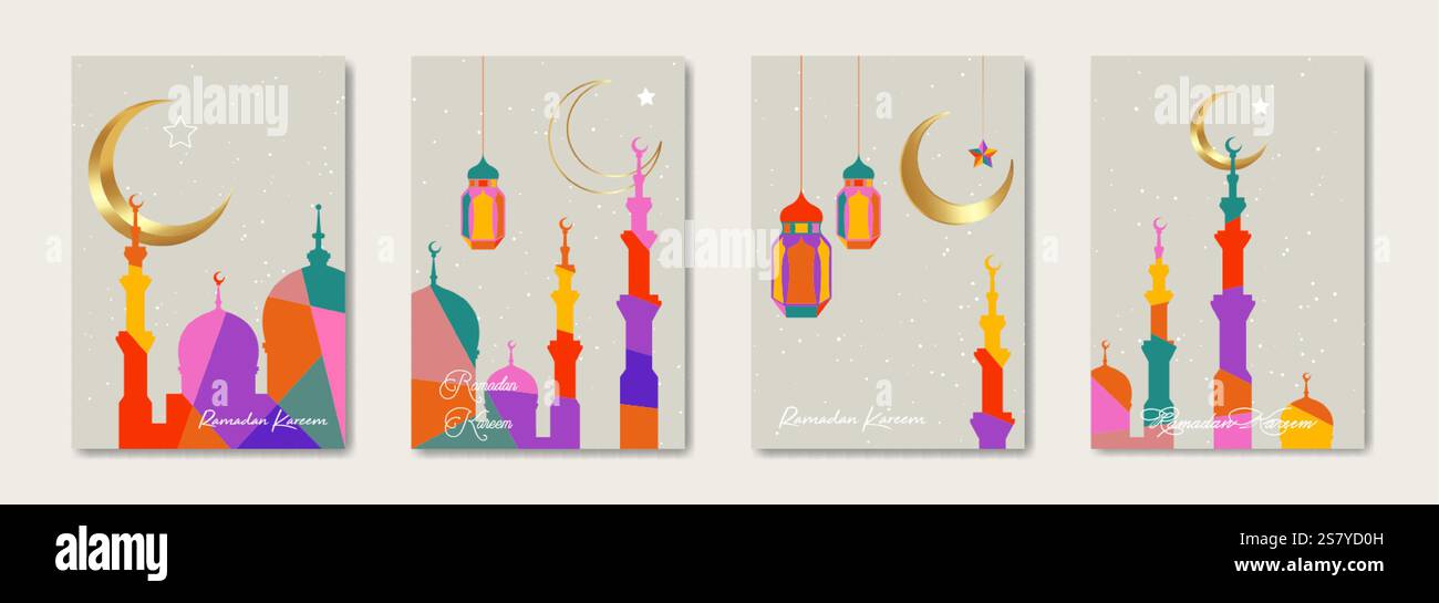 Carta colorata con set vettoriale Ramadan Kareem 2025. Mezza luna dorata su sfondo stellato. Poster delle vacanze moderne, moschea simbolo islamico, lanterne. Musulmano Illustrazione Vettoriale