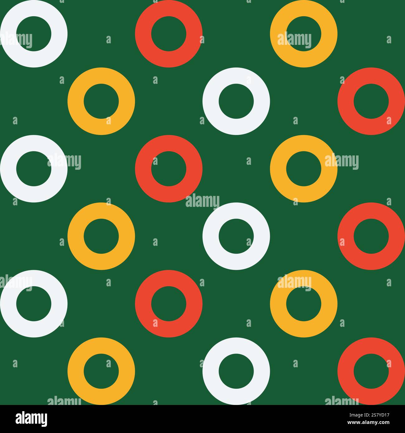 Motivo geometrico vettoriale senza cuciture con punti polka circolari in colori festivi. Anelli rossi, bianchi e gialli su sfondo verde, moderno design retrò Illustrazione Vettoriale