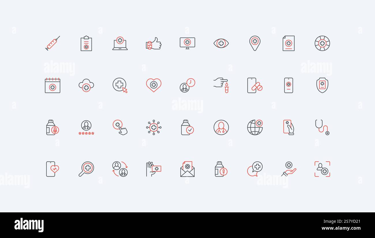 Esame online di medico in ospedale, farmacia, servizio digitale per diagnosi e trattamento farmaceutico linea icone. Le pillole consentono di ricercare e rivedere l'illustrazione vettoriale dei simboli sottili di contorno nero e rosso Illustrazione Vettoriale