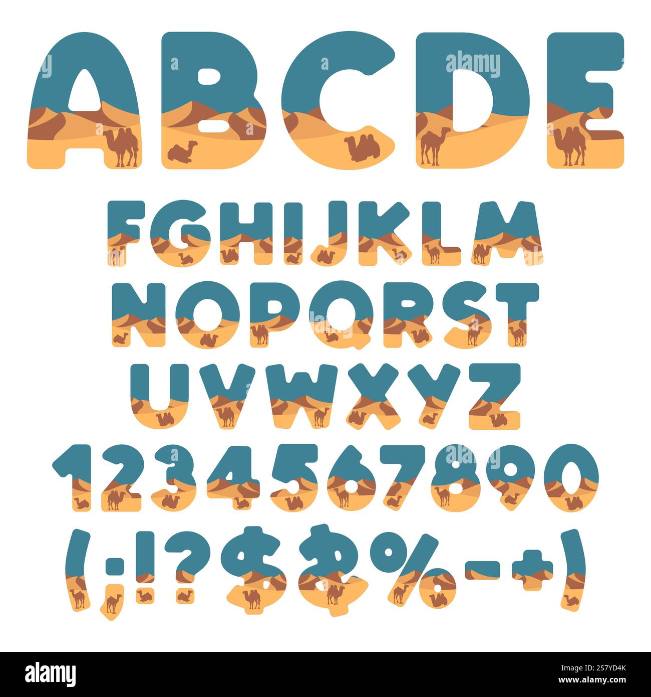 Alfabeto, font con deserto, dune e cammello. Oggetto vettoriale isolato su sfondo bianco. Illustrazione Vettoriale