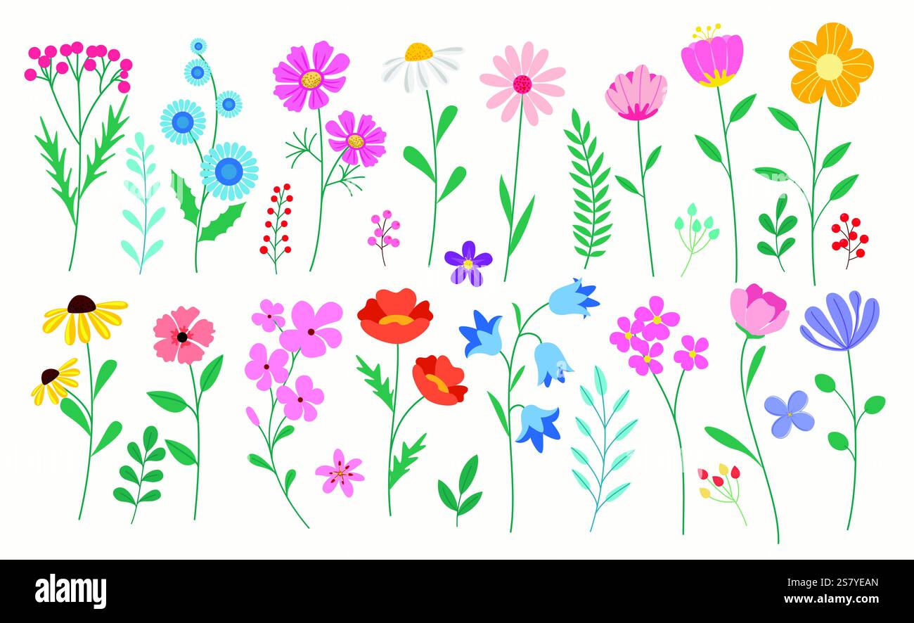 Set di ritagli da disegno rosa Flamingo. Collezione estiva di clip artistiche flamingo, graziosi elementi tropicali, illustrazione vettoriale. Illustrazione Vettoriale