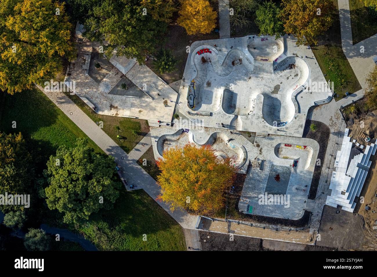 Vista aerea, Skatepark Moers-Hülsdonk, Moers, regione della Ruhr, Renania settentrionale-Vestfalia, Germania Foto Stock