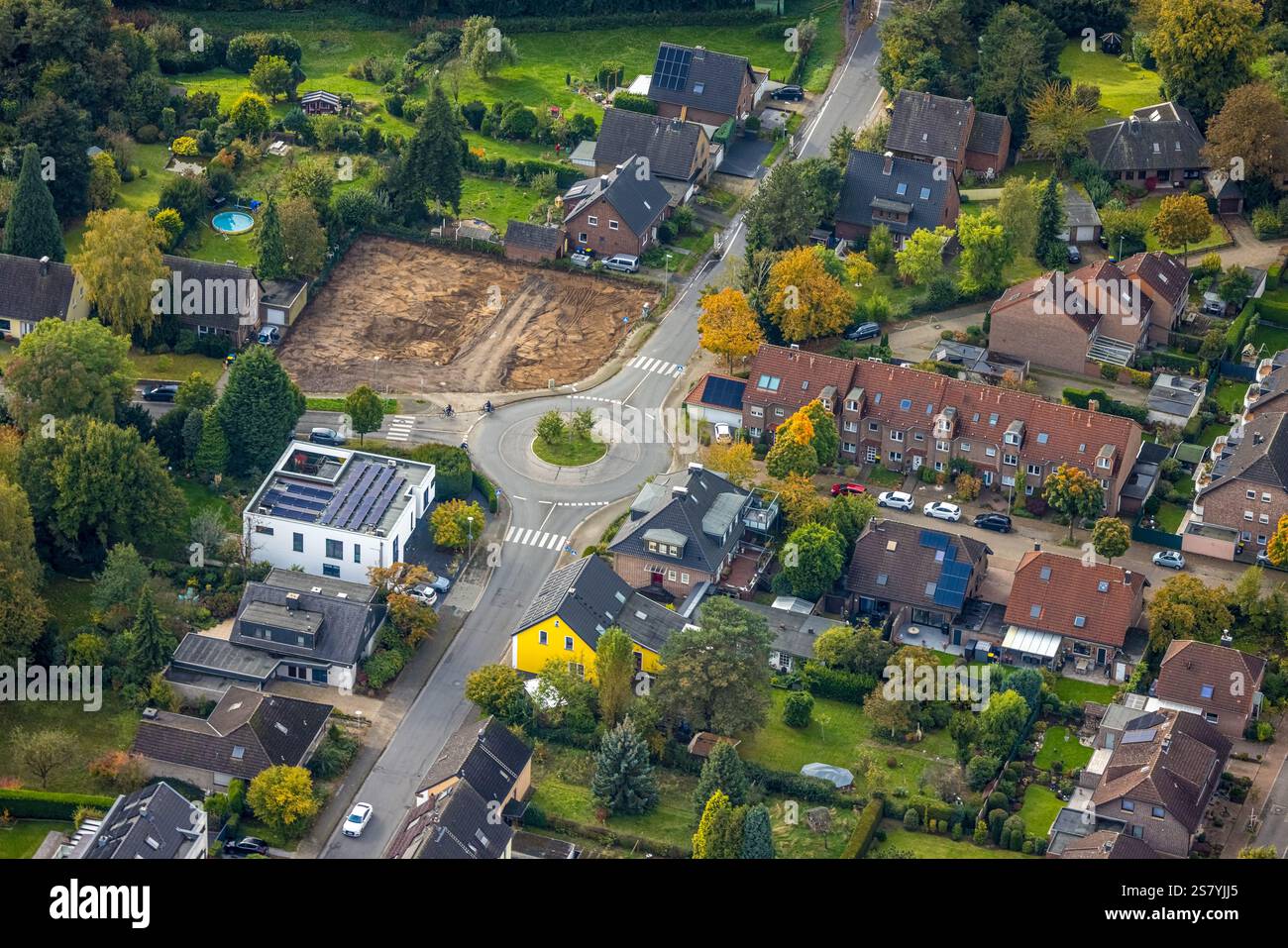 Vista aerea, circolo viario e cantiere Kampstraße corner Liebrechtstraße, Rheinkamp-Utfort, Moers, regione della Ruhr, Renania settentrionale-Vestfalia, Germa Foto Stock