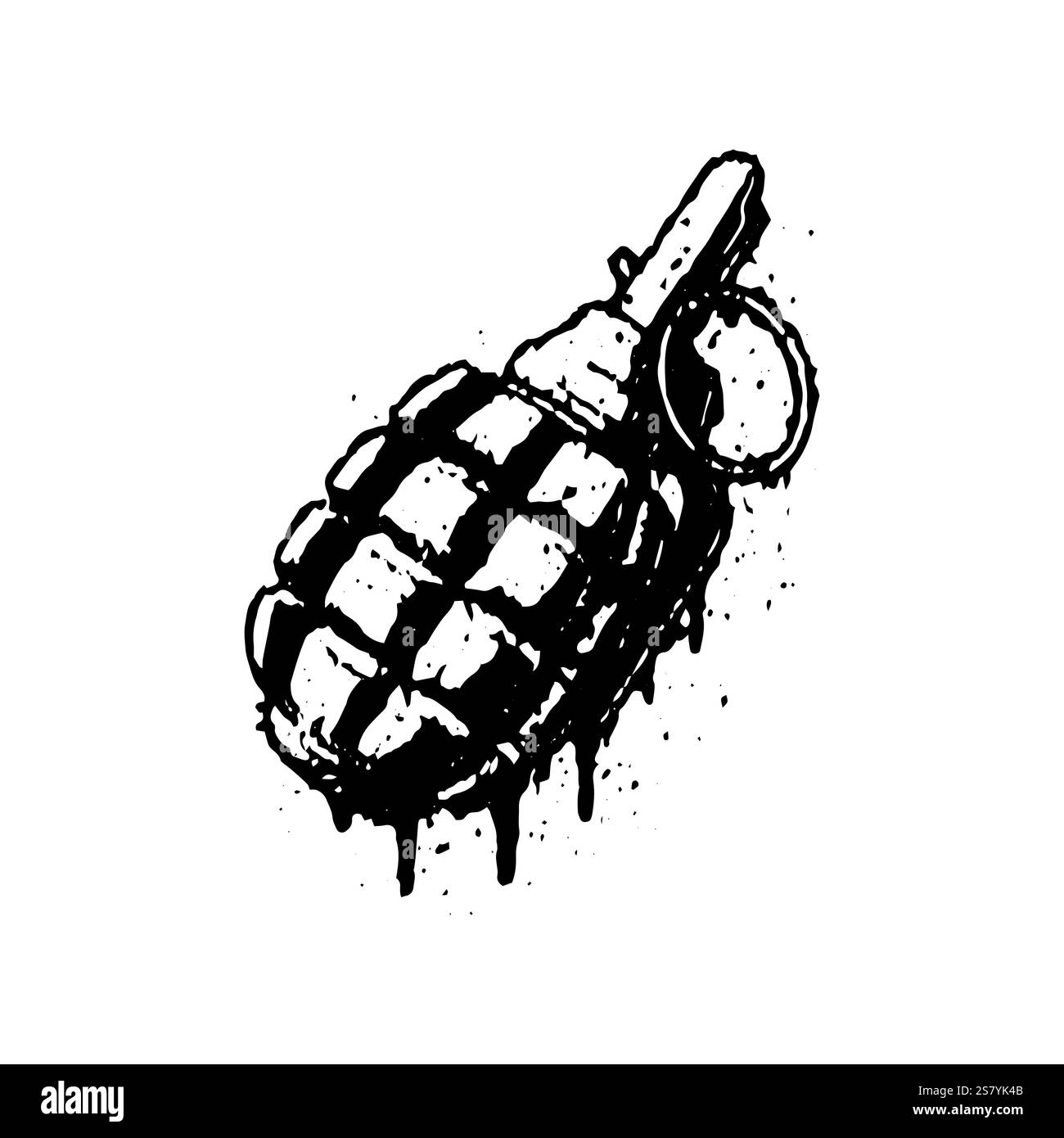 Grunge la granata a mano con un design a gocciolamento di sangue. Illustrazione di una granata a mano vintage, vettoriale. Illustrazione Vettoriale