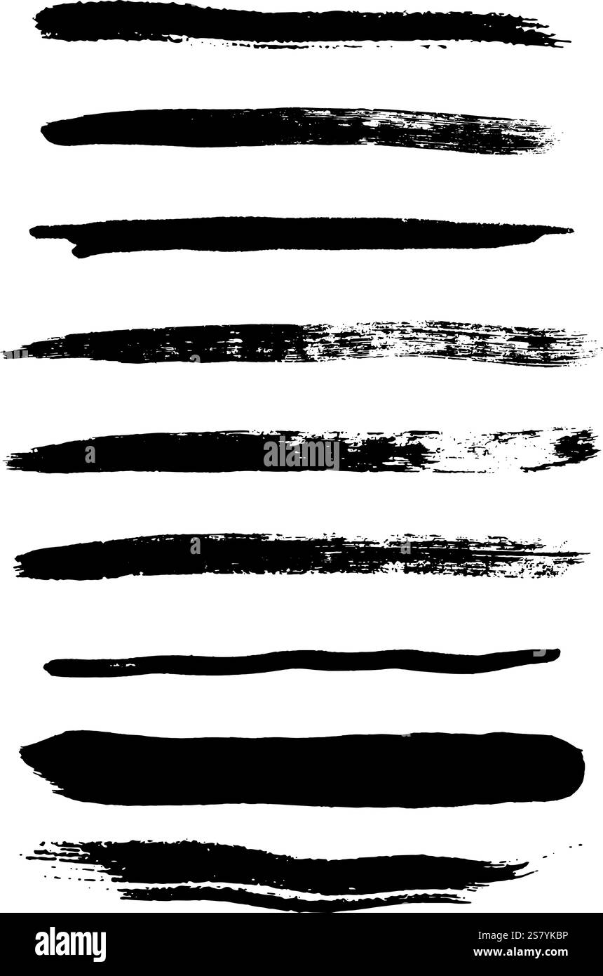 Set di pennellate nere grunge testurizzate. I tratti di pennello nero creano un impatto visivo dinamico e audace, ideale per sfondi e compositi artistici Illustrazione Vettoriale