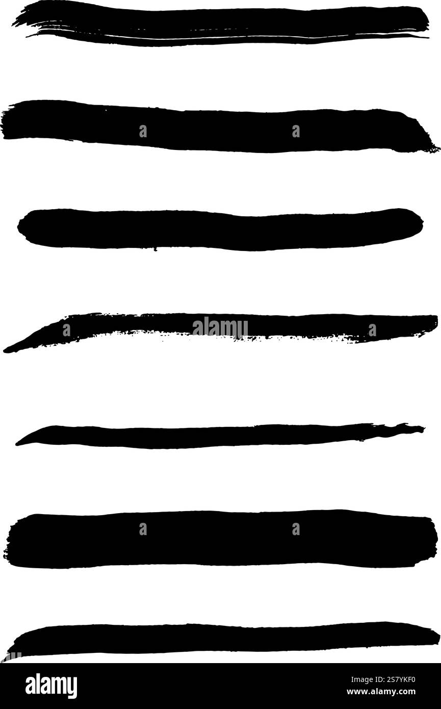 Set di pennellate nere grunge testurizzate. I tratti di pennello nero creano un impatto visivo dinamico e audace, ideale per sfondi e compositi artistici Illustrazione Vettoriale