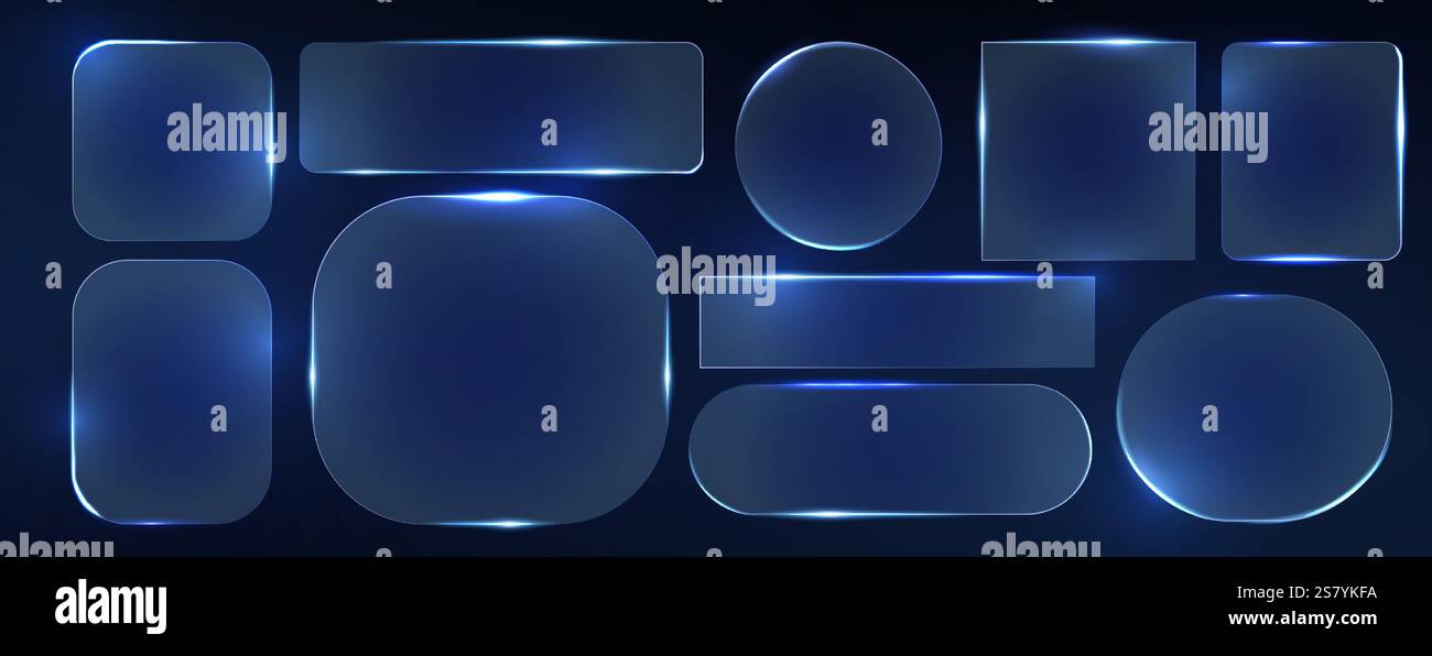 Collezione di cornici in vetro neon con elementi geometrici luminescenti - forme traslucide blu con bordi radiosi su sfondo scuro. Vari disegni rettangolari, circolari e arrotondati con bordi luminosi. Illustrazione Vettoriale