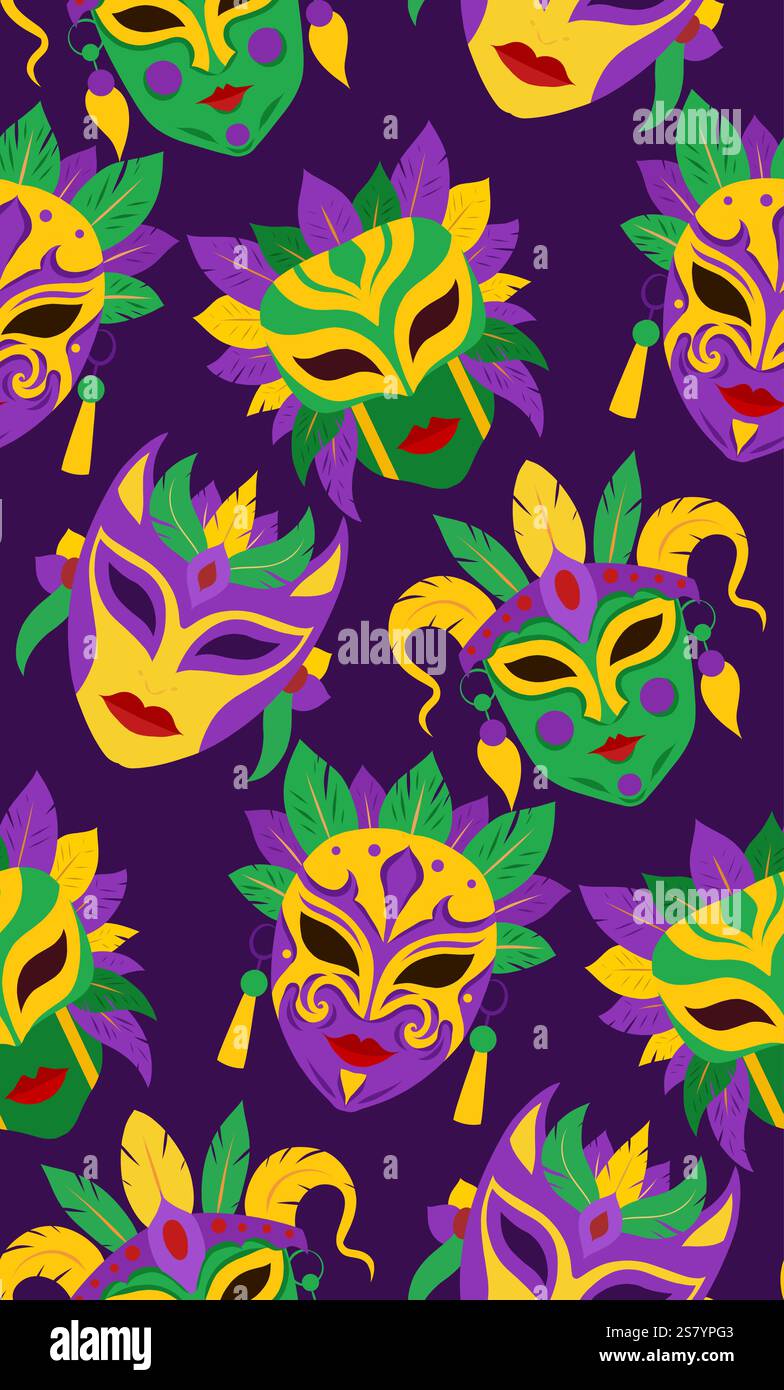 Texture vettoriale per le festività del Mardi Gras. Motivo festivo senza cuciture con maschere su sfondo viola. Tessuto martedì grasso. Vacanza piatta disegnata a mano Illustrazione Vettoriale