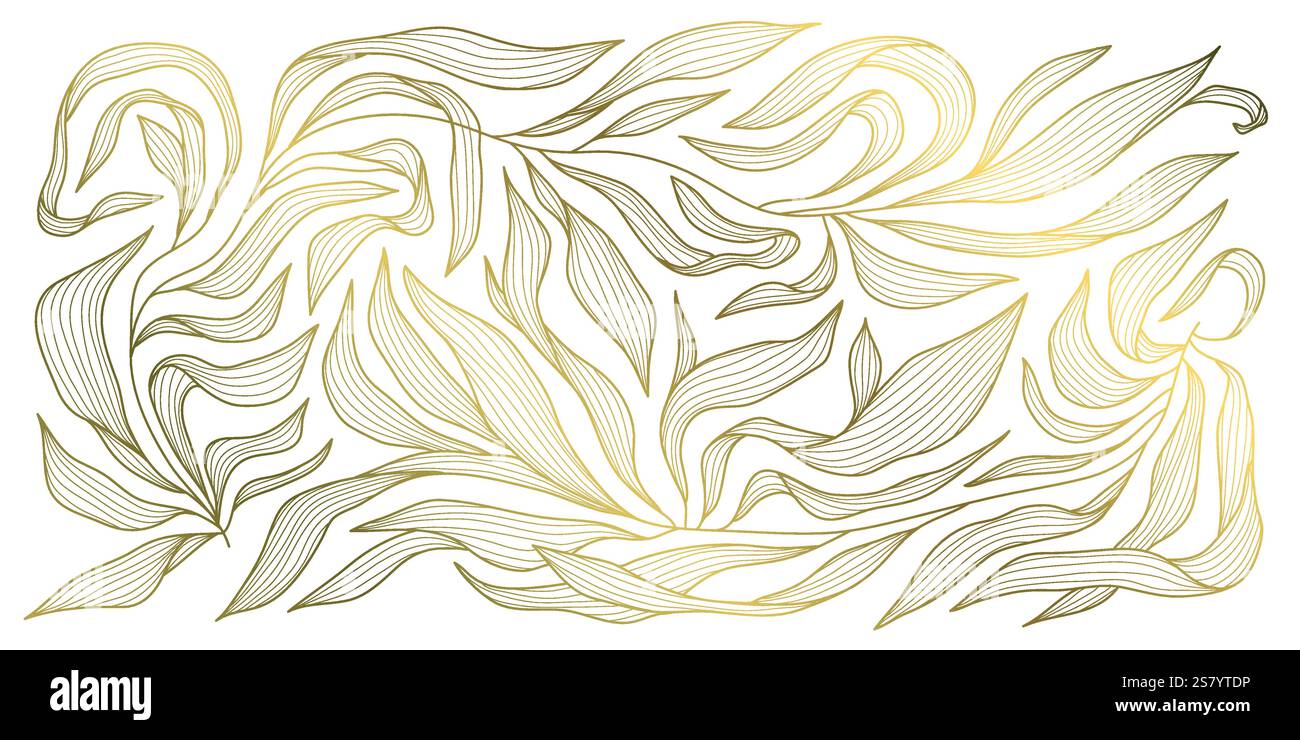 Motivo floreale art deco vettoriale, lussuoso sfondo ondulato con linea dorata. Struttura delle foglie, design delle linee per interni, tessuti, poster, confezione, incartamenti Illustrazione Vettoriale