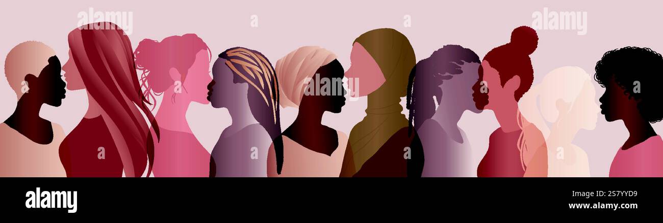 Silhouette di gruppo di donne multiculturali. Giornata internazionale delle donne. Empowerment Inclusion - Equal - Diversity - o concetto di potere femminile Illustrazione Vettoriale