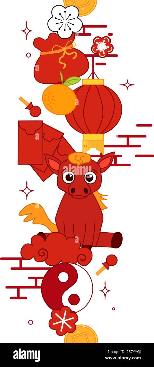 Capodanno cinese del cavallo senza cuciture confine verticale. Illustrazione grafica vettoriale in colori rosso e oro, design con cornice e ornamento, anno dell'anno Illustrazione Vettoriale