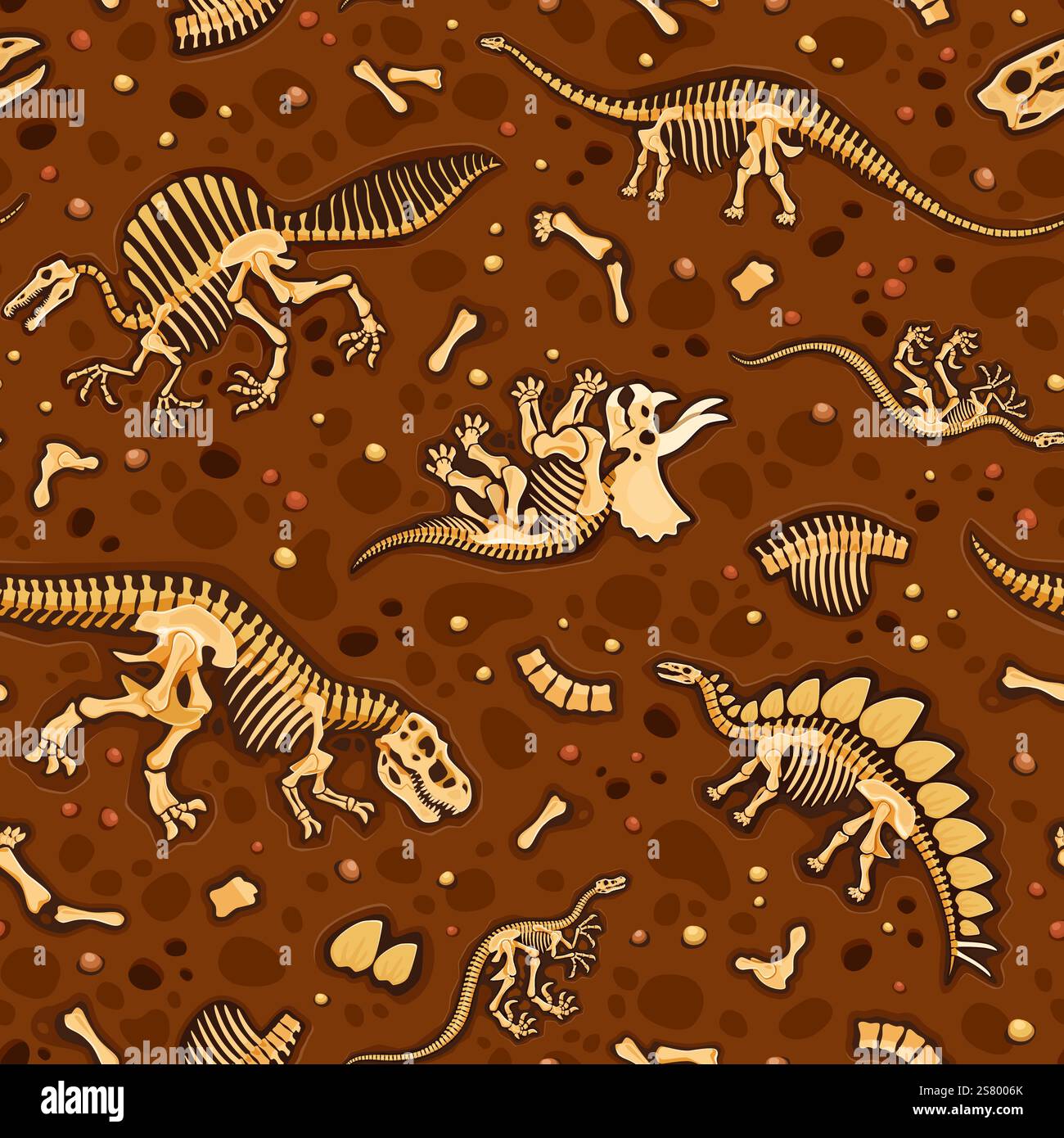 Fossili di dinosauri preistorici il modello senza cuciture presenta ossa e scheletri di dinosauro disposti su fondo marrone e ruvido. Riquadro vettoriale, sfondo o. Illustrazione Vettoriale
