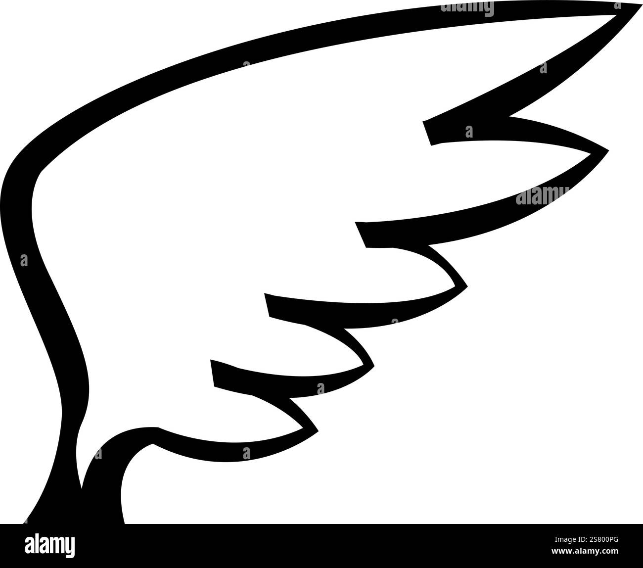Semplice disegno in bianco e nero di un'ala di uccello stilizzata che rappresenta libertà, eleganza e leggerezza, ideale per loghi e illustrazioni Illustrazione Vettoriale