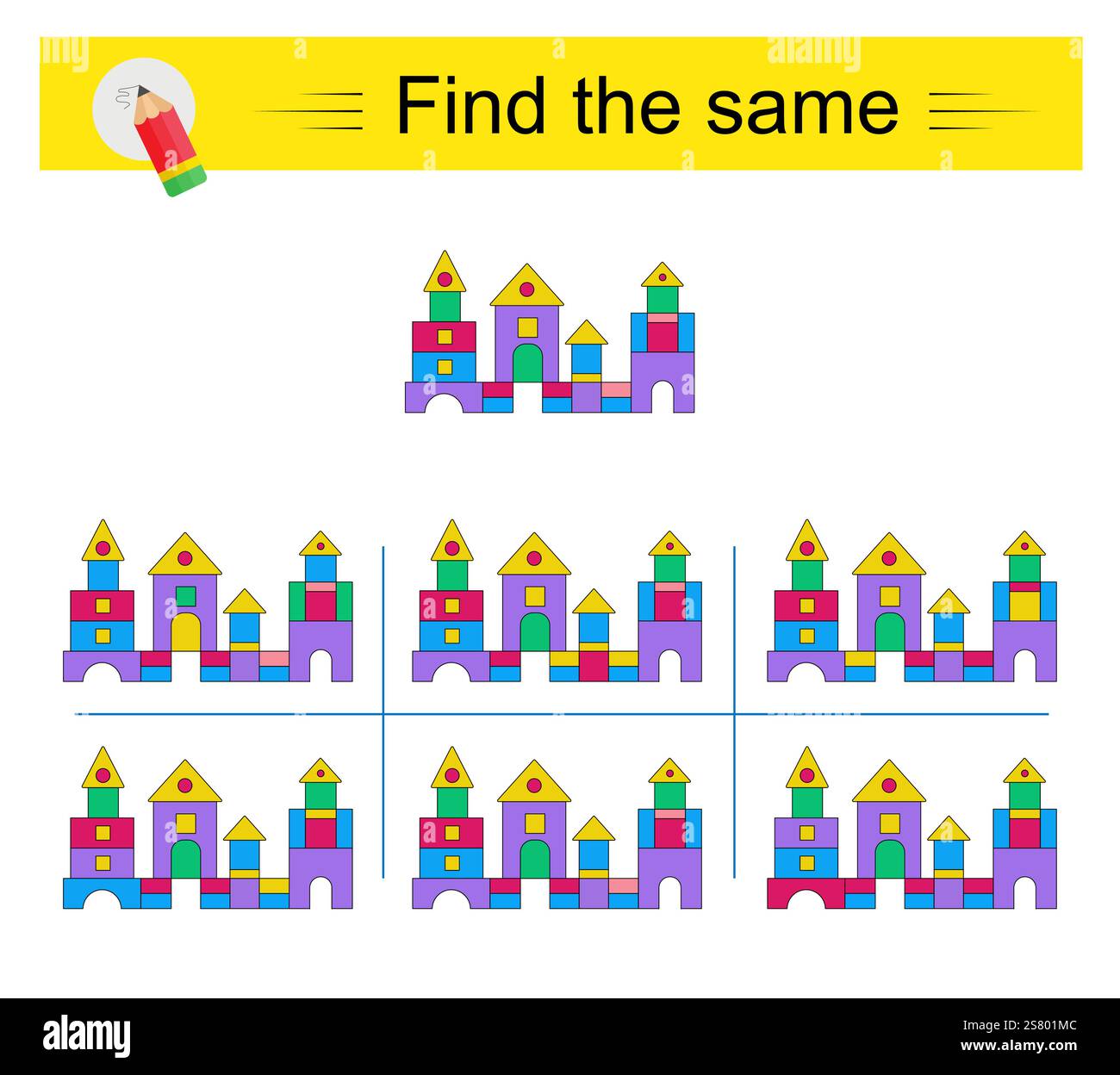 Puzzle per bambini. Attività di attenzione. Devo trovare lo stesso oggetto. Illustrazione vettoriale. Illustrazione Vettoriale
