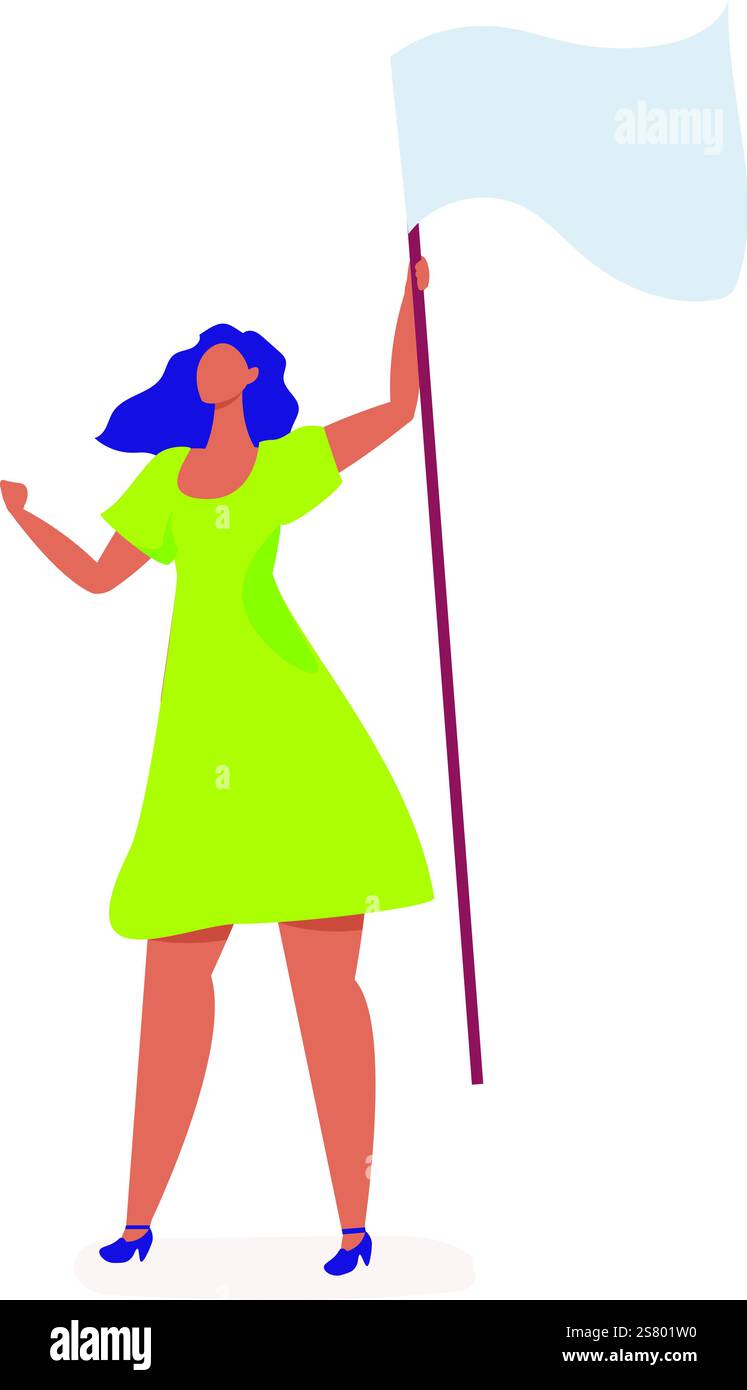 Una giovane donna con la bandiera bianca bianca bianca sta conducendo proteste, lottando per i diritti umani e l'uguaglianza, dimostrando per la libertà e la giustizia, esprimendo le sue convinzioni e i suoi valori Illustrazione Vettoriale
