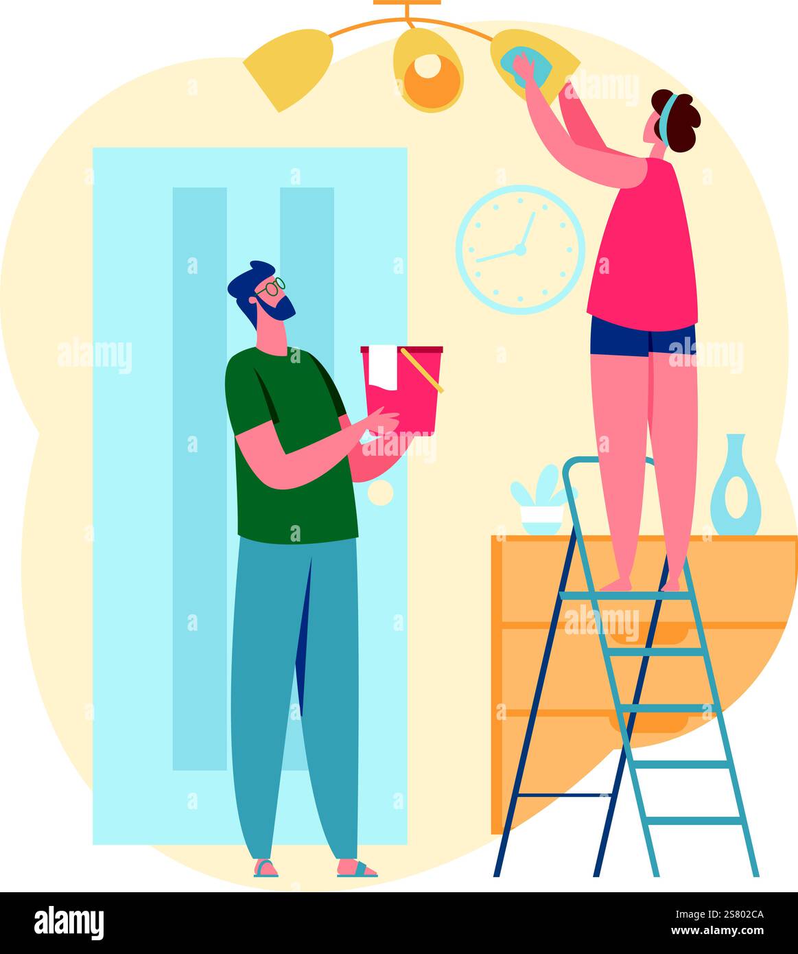 Uomo che tiene in mano un secchio mentre la donna pulisce una lampada da soffitto da una scala, mostra il lavoro di squadra durante la pulizia e la manutenzione domestica, creando uno spazio abitativo ordinato e organizzato Illustrazione Vettoriale Uomo che tiene in mano un secchio mentre la donna pulisce una lampada da soffitto da una scala, mostra il lavoro di squadra durante la pulizia e la manutenzione domestica, creando uno spazio abitativo ordinato e organizzato Illustrazione Vettoriale