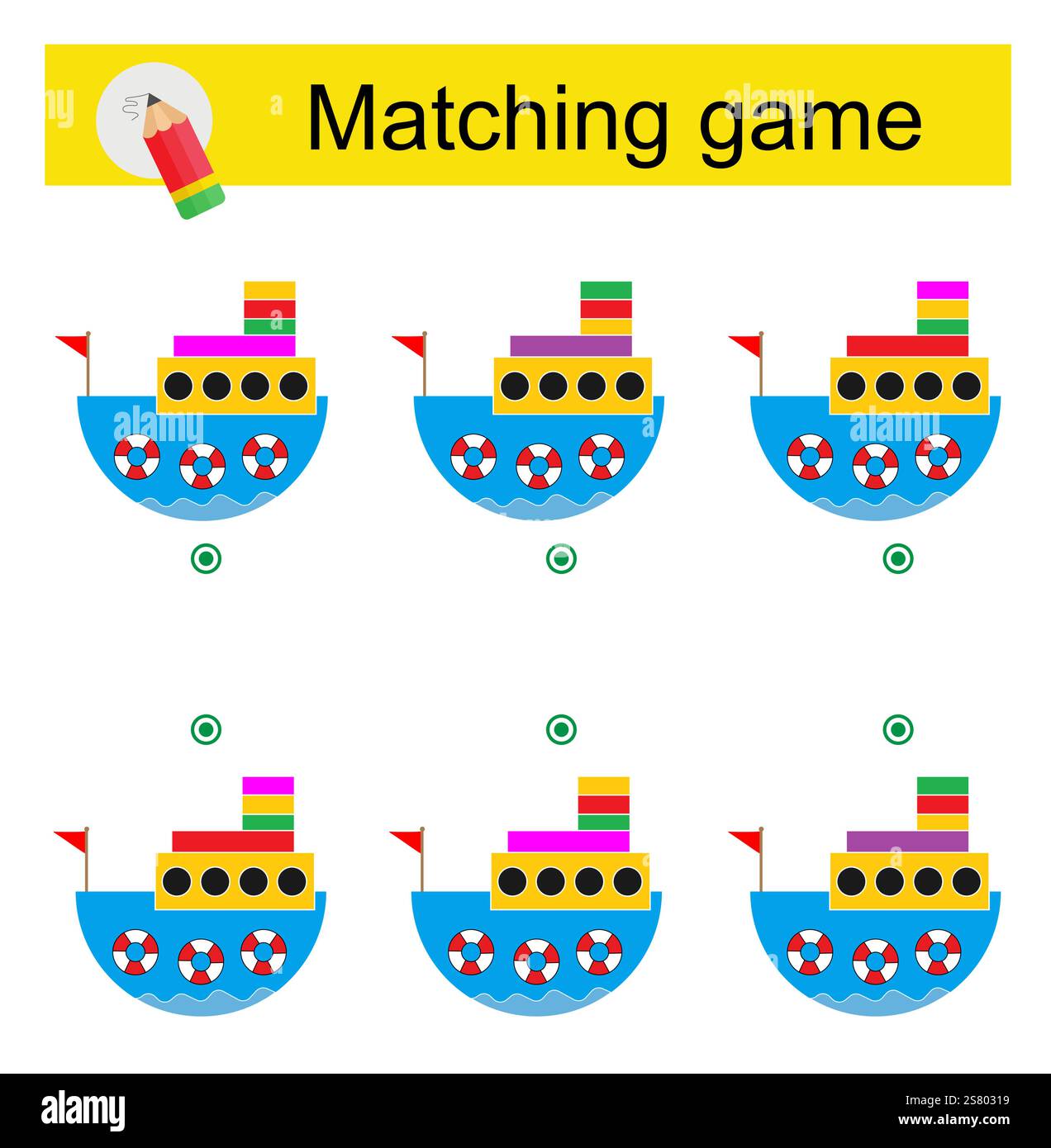 Gioco di abbinamento per bambini. Trova il colore corretto della nave dei cartoni animati e abbina. Illustrazione vettoriale. Illustrazione Vettoriale
